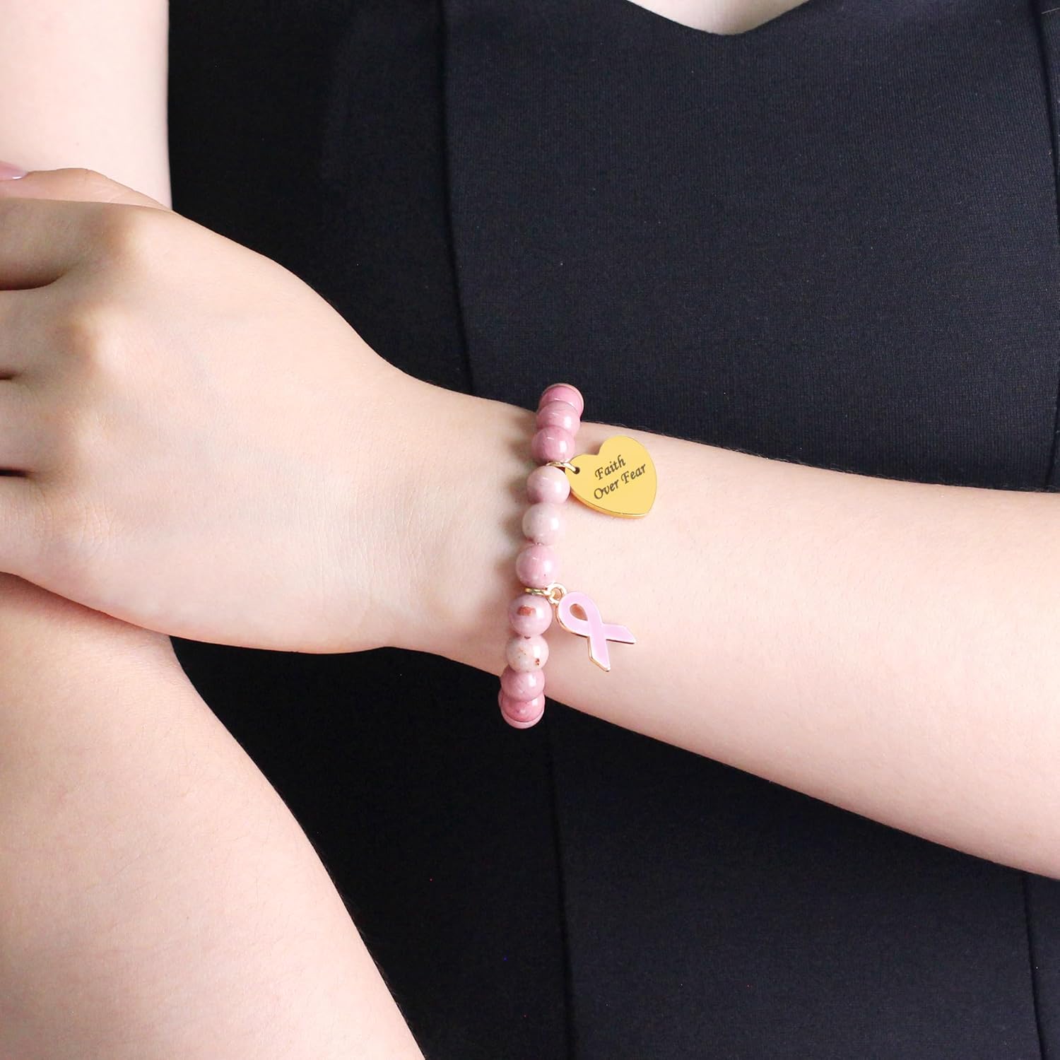 Breast Cancer Bracelets, Pink Ribbon & Heart Charm Engraved Natural Stone Beaded Inspirational Elastic Jewelry Encouragement Gift for Women Fighters Survivors Loved Ones - Image 2