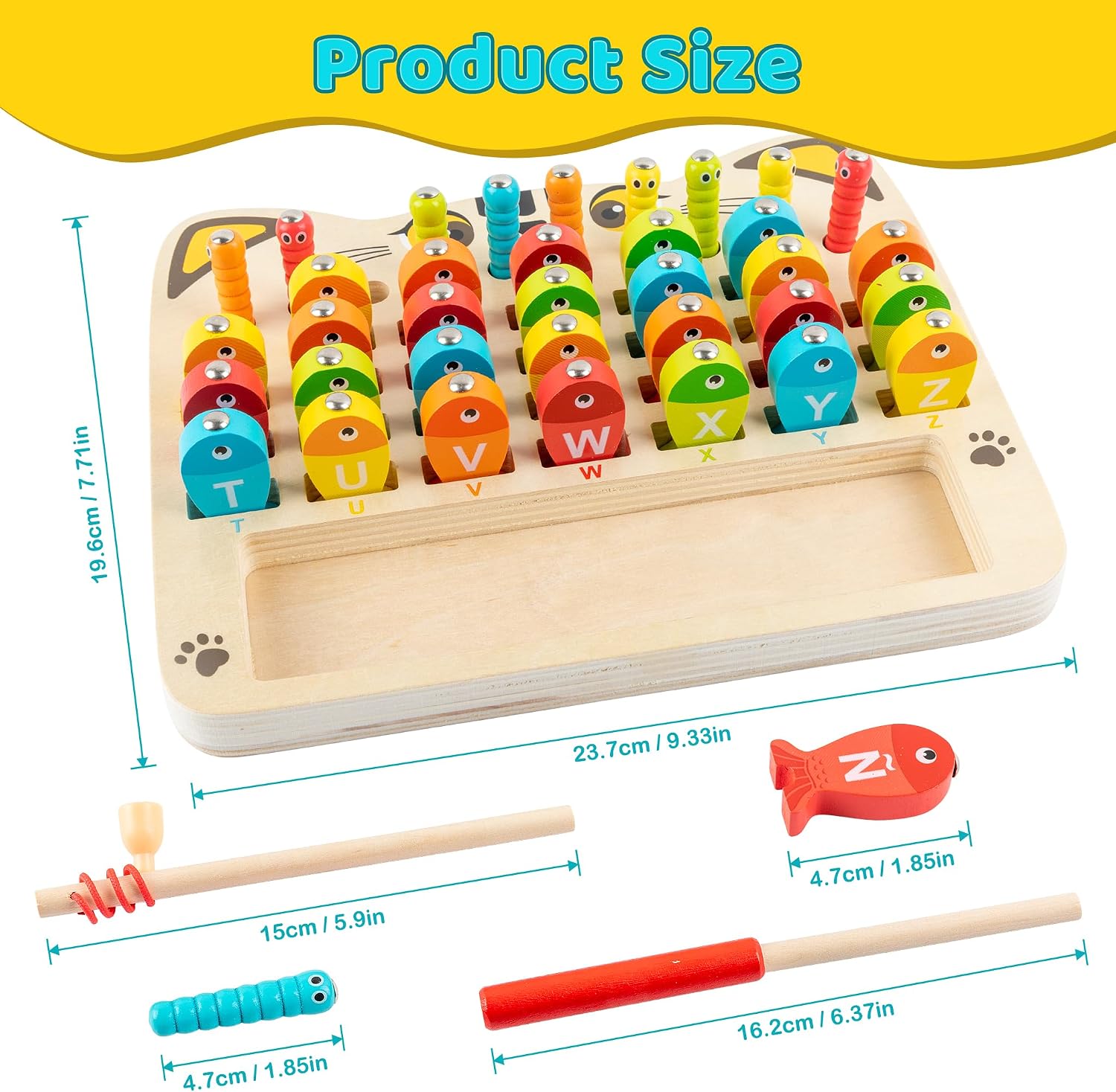 Wooden Magnetic Fishing Game, ABC Alphabet Color Sorting Puzzle, Montessori Fine Motor Skill Toy with 2 Poles, Multicolor, 26 Pieces, for 3-6 Years Old