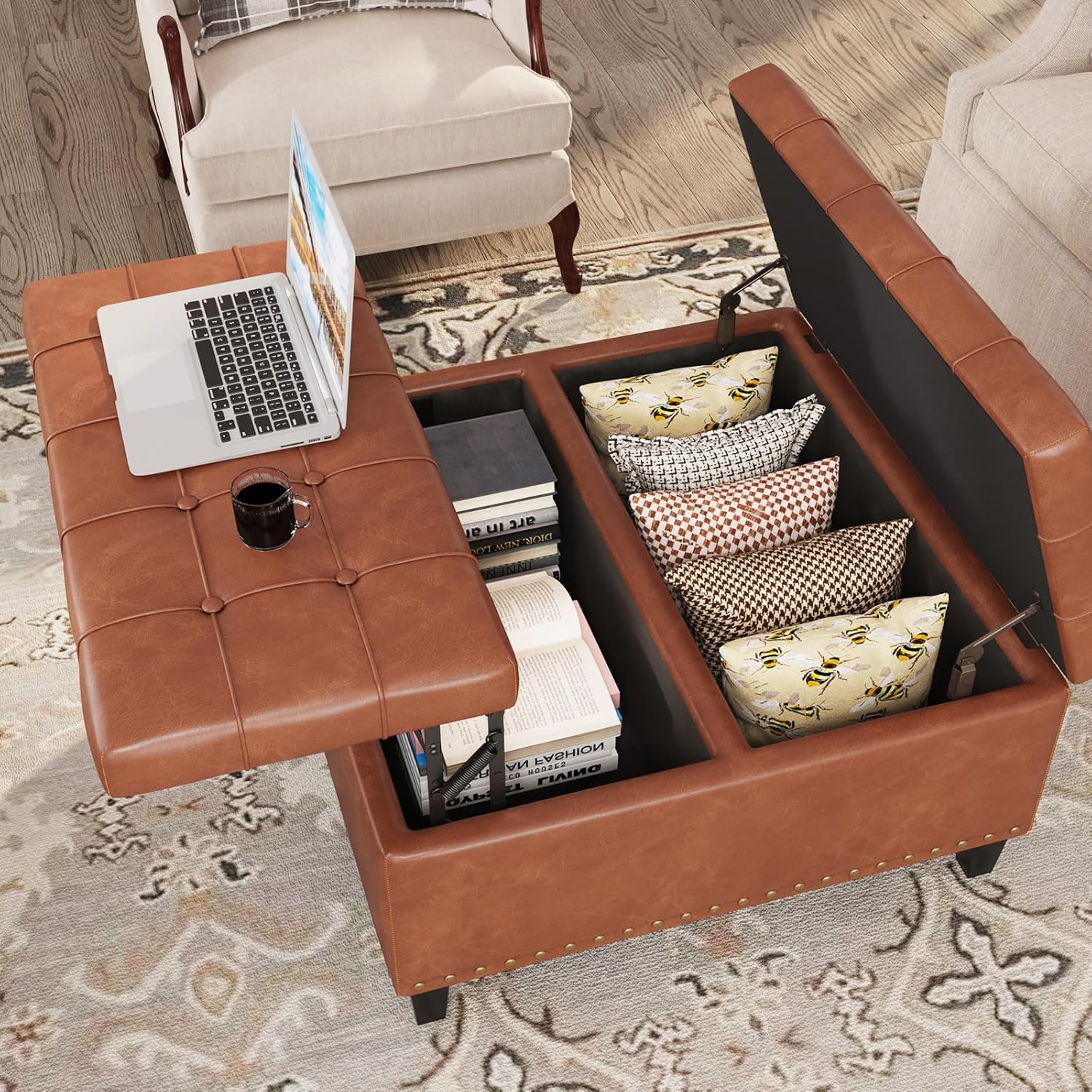 Square Leather Ottoman with Storage, Leather Coffee Table Ottoman with Lift Top, Large Upholstered Footrest Stool Toy Box Storage for Livingroom Bedroom, Brown Brown 31.5"D x 31.5"W x 17"H