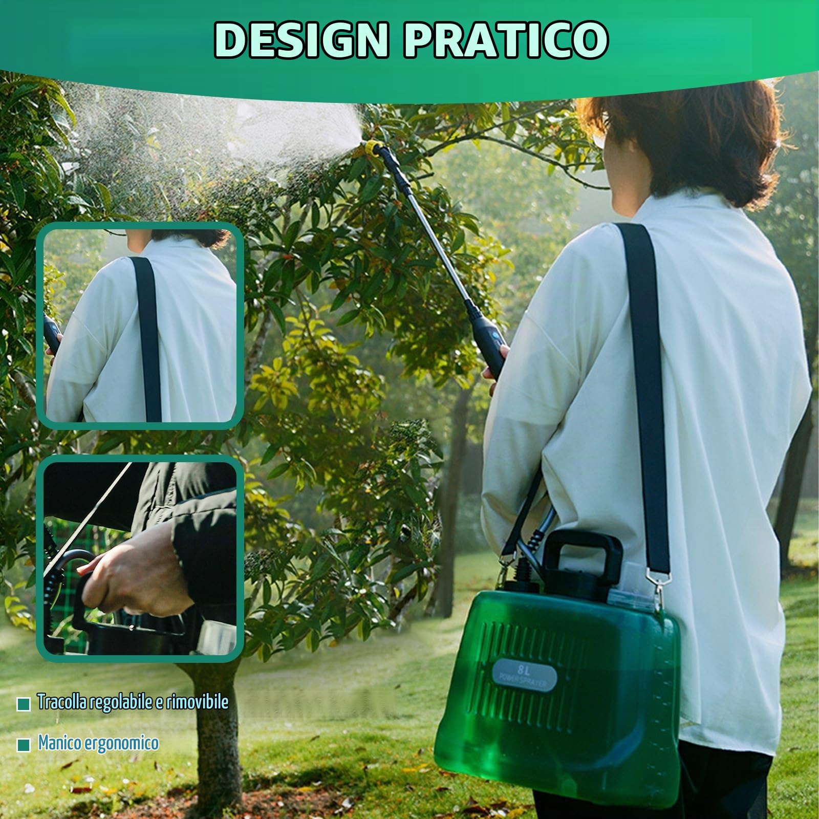 Spruzzatore a Pressione da 8L, Spruzzatore Elettrico con 3 Ugelli Nebulizzatori, Barra Spray Retrattile