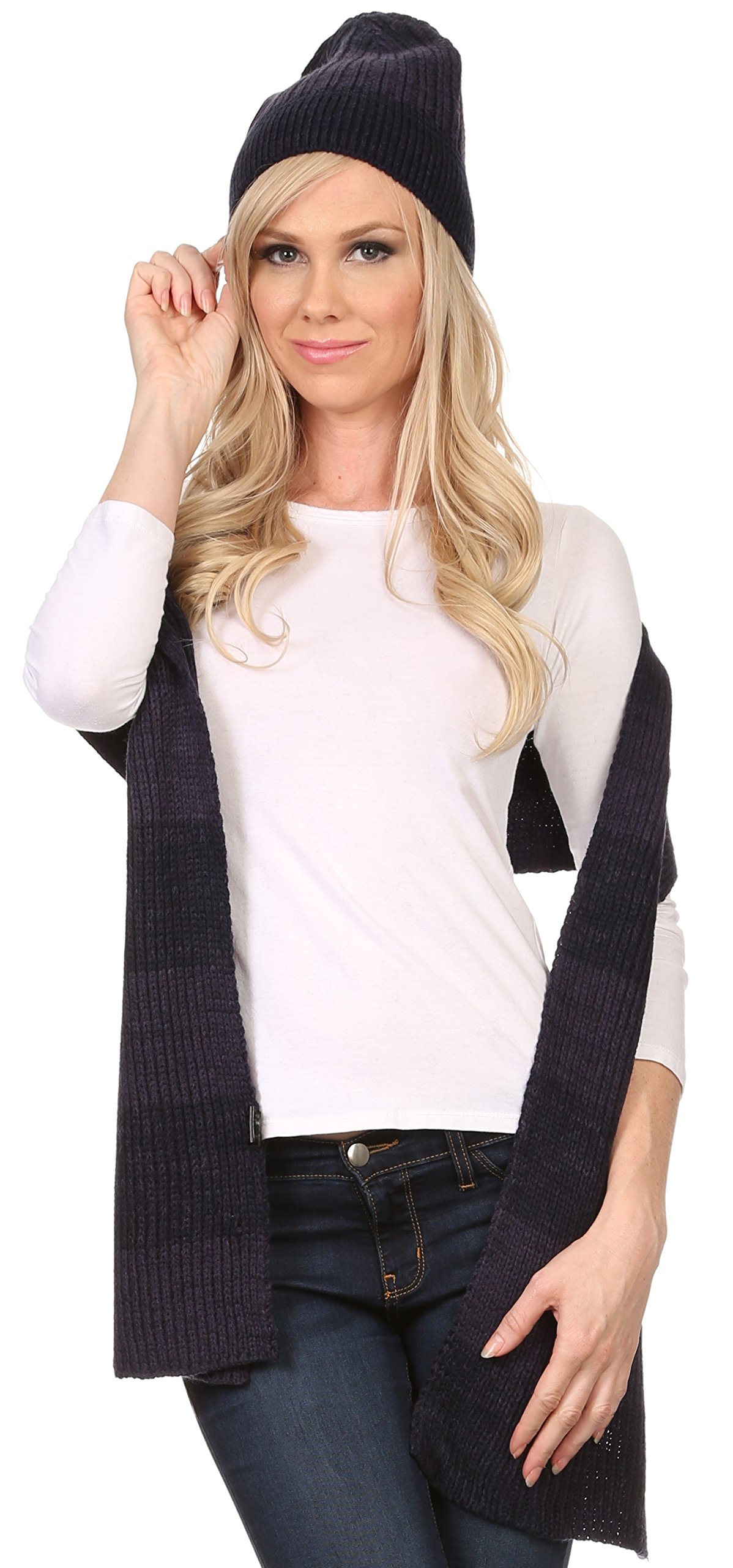 Sakkas CHSS1541 - Robin Unisex Ribbed Knit Heather Beanie Hat And Scarf Set - Navy - OS