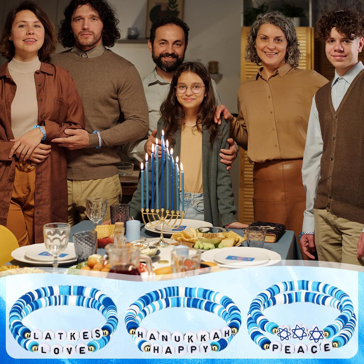 Landical 24 Pcs Hanukkah Beaded Bracelets Hanukkah Gifts Jewish Party Supplies Stack Star of David Menorah Dreidel Charm Bracelets Heishi Celebrating Gift for Women Men Christmas Holiday Party Favors