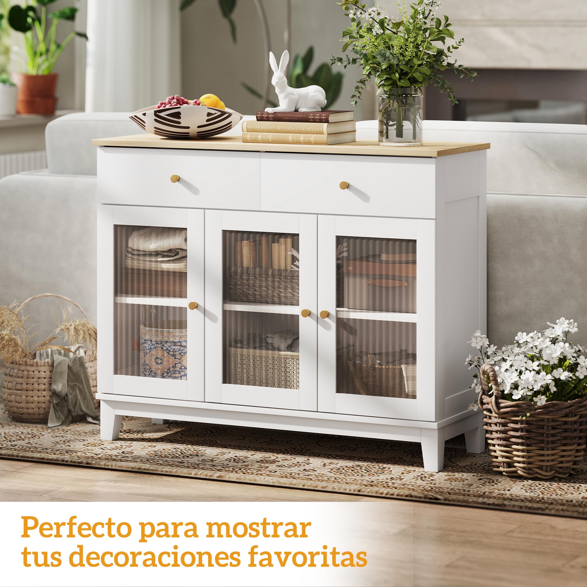 HOMCOM Aparador 3 Puertas Vidrio Estriado 2 Cajones 100x35x80,3 cm Blanco | Aparador para Salón Moderno, Estantes Ajustables, Comedor, Entrada