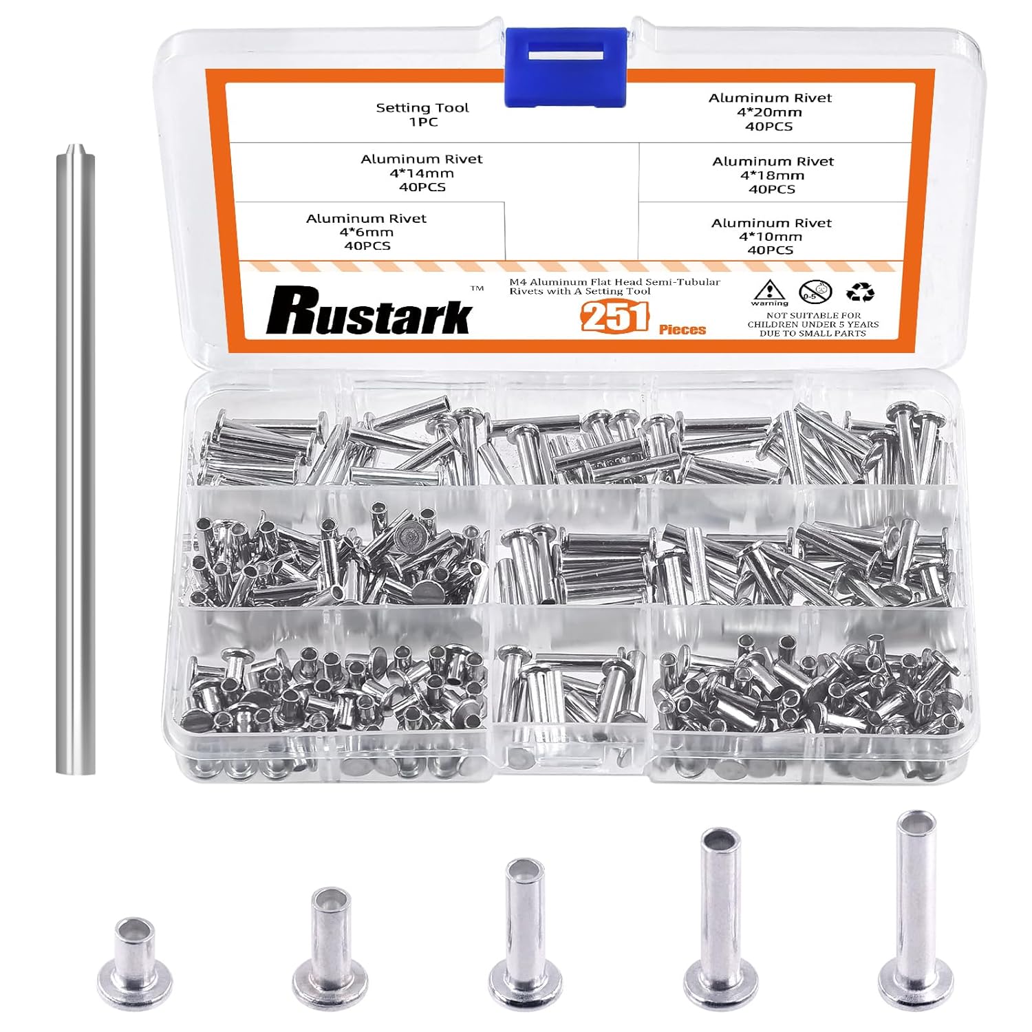 251Pcs 5 Sizes M4 Aluminum Flat Head Semi Tubular Rivets Assortment Kit with Punch, Partial Hole Tubular Rivets Round Flat Head Semi Tubular Rivet Silver Tone for Household Industry Repairing