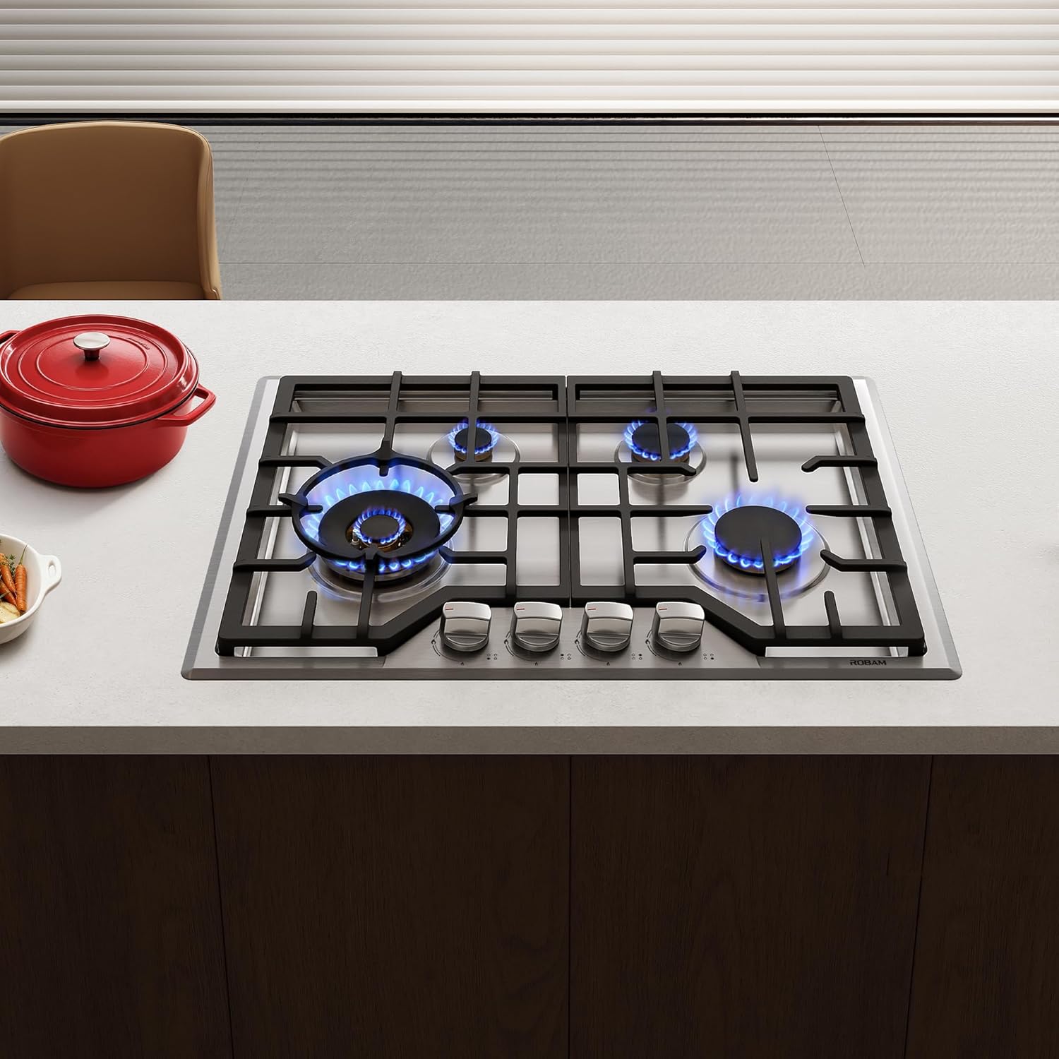 Robam 36-Inch Built-in Gas Cooktop, 5 Burners Turbo Flame Series 57,000 BTU, Central High-Power Burner, Italian Brass Pro Burners, Flame Failure Protection, Removable Grates, NG/LPG Convertible