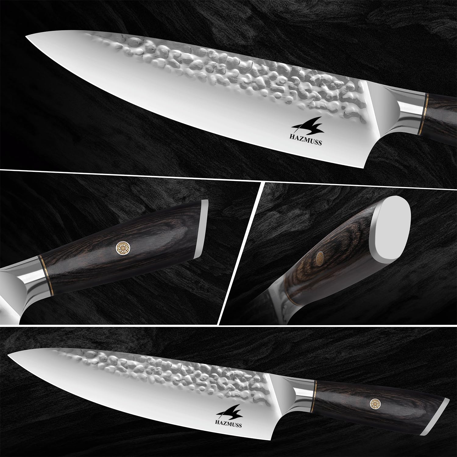 Coltello da Chef Martellato 20,5 cm, Acciaio Alto Carbonio Ultra Affilato, Manico Ergonomico in Legno Pakka, Ideale per Taglio, Tritatura e Affettatura Domestica