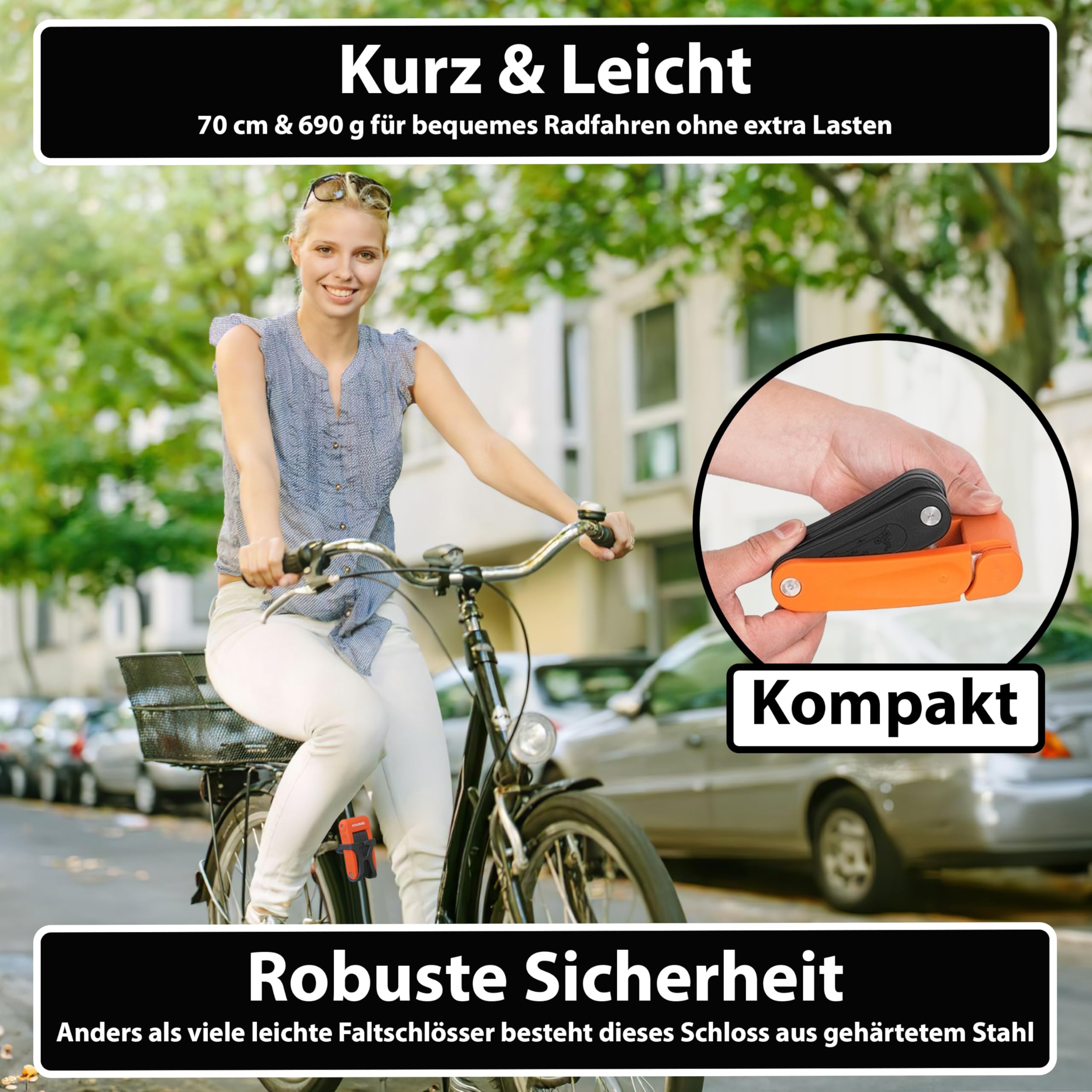 KOHLBURG leichtes & kleines Faltschloss - 680g leicht & 70cm lang - sicheres Fahrradschloss aus gehärtetem Stahl für E-Bike & Fahrrad mit Halterung