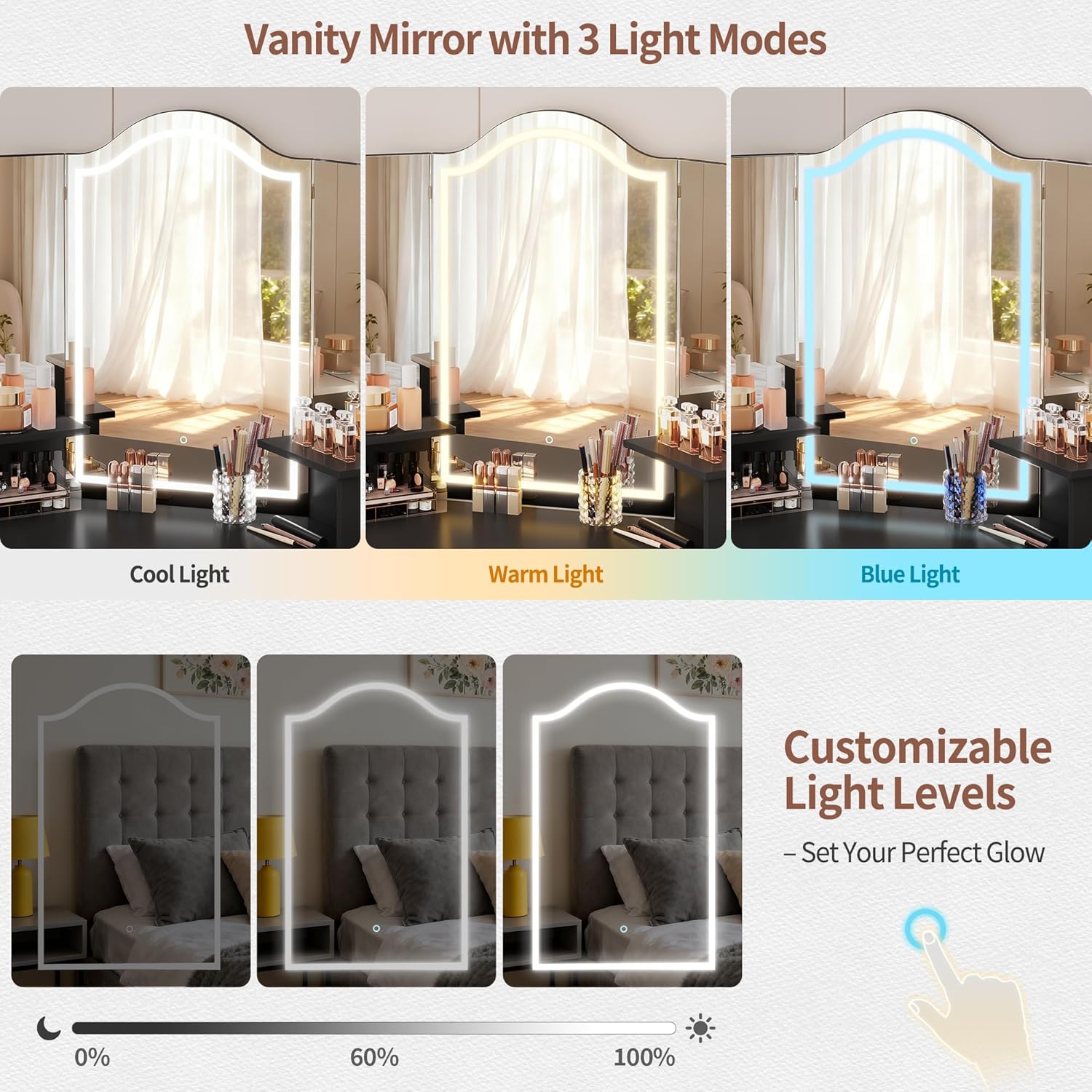 LVSOMT Vanity Mirror with 3 Light Modes and Customizable Light Levels