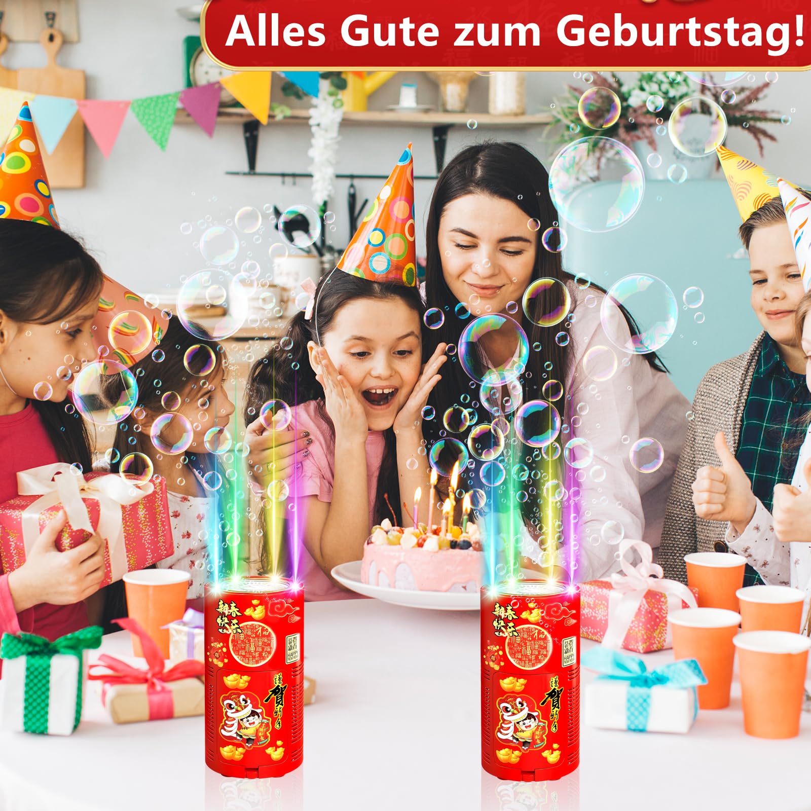 Feuerwerk Seifenblasenmaschine, 2-Packung 13-Loch-Design Automatischer Feuerwerk Seifenblasenhersteller mit Lichtern und abschaltbarem Sound für Kindergeburtstag Hochzeit Party Garten Karneval