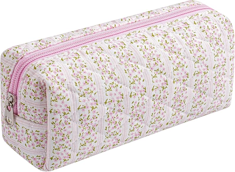 Necessaire de maquiagem HHQQWZ em poliéster matelassê, estampa floral rosa, zíper, 1 unidade