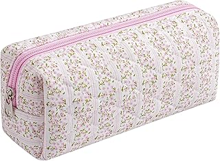 Cute Floral Cotton Makeup Brush Cosmetic Bag for Women, Travel Quilted Zipper Make Up Bag, Flowers Toiletry Organizer Case Kawaii Makeup Cosmetic Travel Cloth Pouch (Pink Floral)