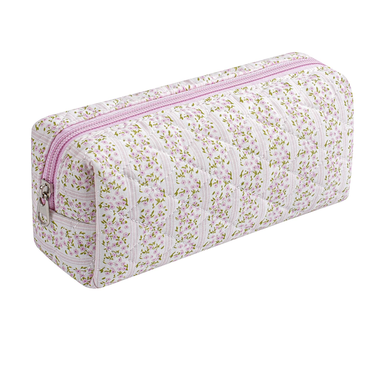 HHQQWZ Cute Floral Cotton Makeup Brush Cosmetic Bag for Women, Travel Quilted Zipper Make Up Bag, Flowers Toiletry Organizer Case Kawaii Makeup Cosmetic Travel Cloth Pouch (Pink Floral)