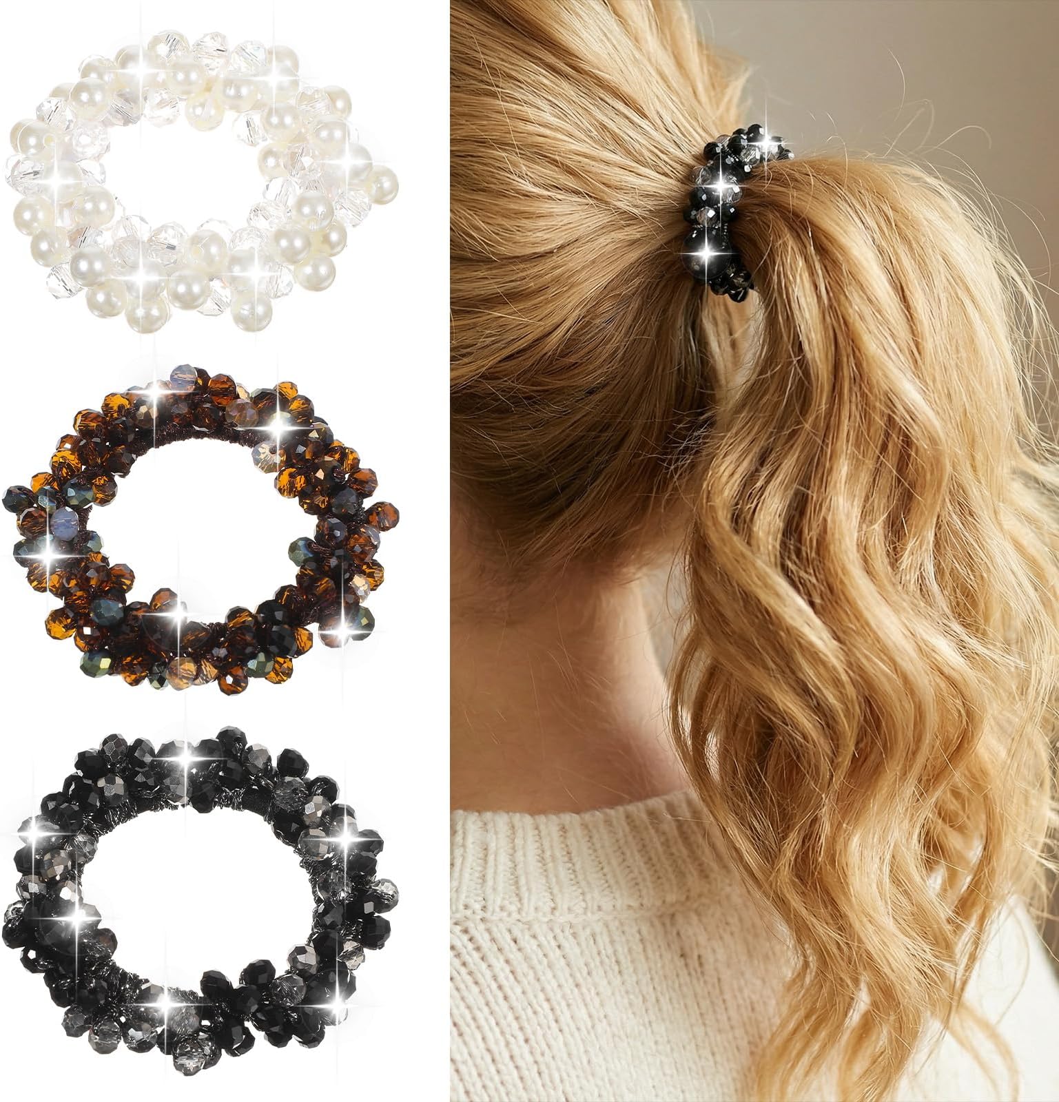 3 Pcs Rhinestone Hair Ties Sparkly Ponytail Holders Fancy Glitter Hair Scrunchies Elastic Crystal Hairs Accessories Jewelry Stretchy Hairbands for Women Decorative Bling