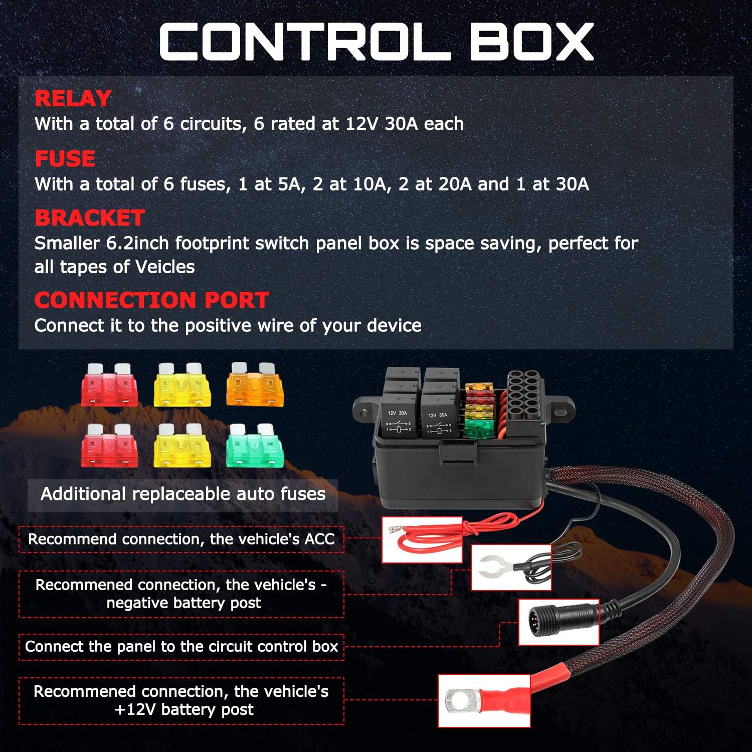 OFFROADTOWN 6 Gang Switch Panel Automatic Dimmable Universal Circuit Control Relay System Box with Fuse On-Off LED Switch Pod Waterproof Touch Switch Panel for Truck Car UTV ATV SUV Boat Marine