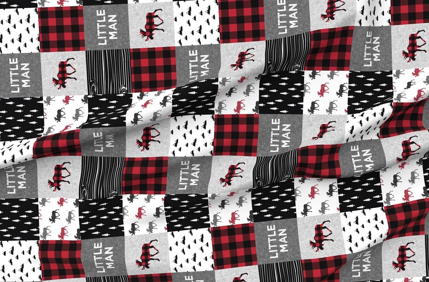 Spoonflower Fabric - Little Man Patchwork Quilt Top Buffalo Plaid Moose Lumberjack Printed on Organic Cotton Sateen Fabric by The Yard - Sewing Quilting Apparel Home Decor