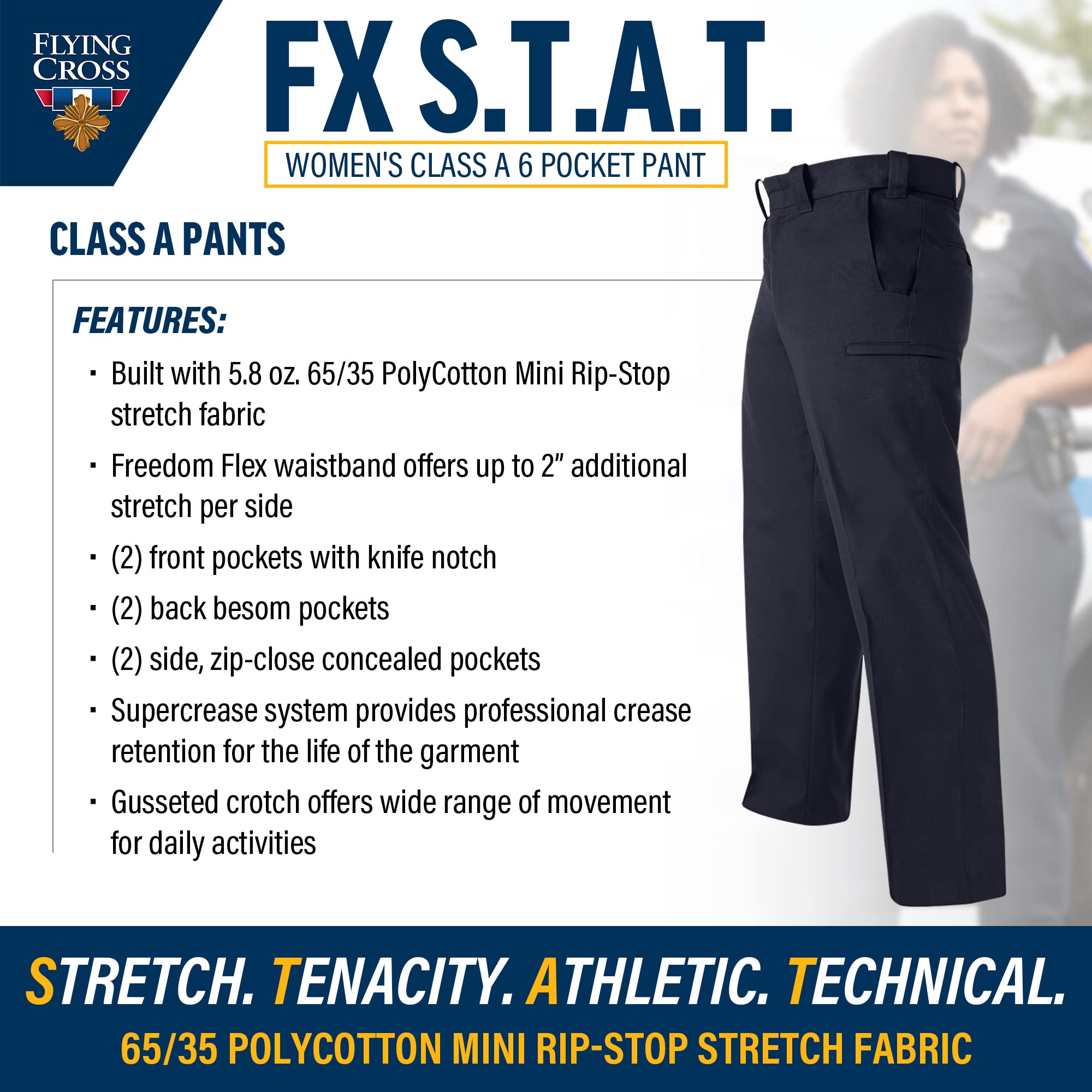 Flying Cross FX STAT Womens Police Pants, Law Enforcement Uniform, Class A 6-Pocket, Unhemmed, LAPD Navy, 06 Reg