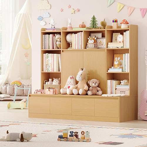 Miniatura 7 de HIFIT Estantería 4 en 1 para niños y organizador de almacenamiento de juguetes con banco, estantería de rincón de lectura para niños con 4 cajones