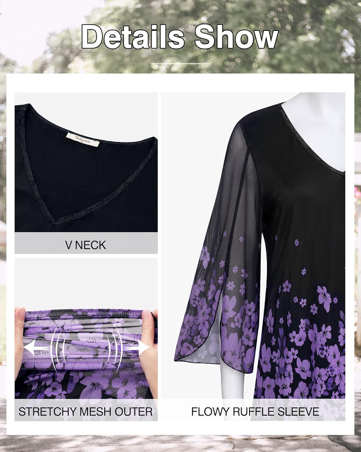 Bebonnie Womens Ruffle 3/4 Sleeve V Neck Double Layers Mesh Blouses Loose Fit Flowy Tunic Tops - Image 5