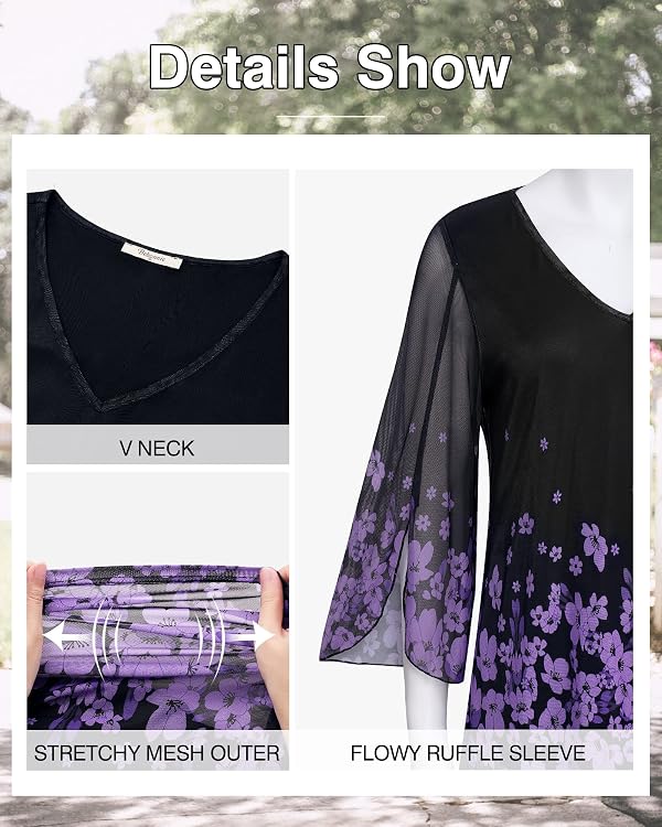 Bebonnie Tops for Women Casual Elegant,Womens Dressy Church Blouse Ruffle 3/4 Sleeve V Neck Layers Chiffon Blouses Work Professional Loose Fit Flowy Tunic Tops to Wear with Leggings Black Violet L by Bebonnie - Used condition - Image 5