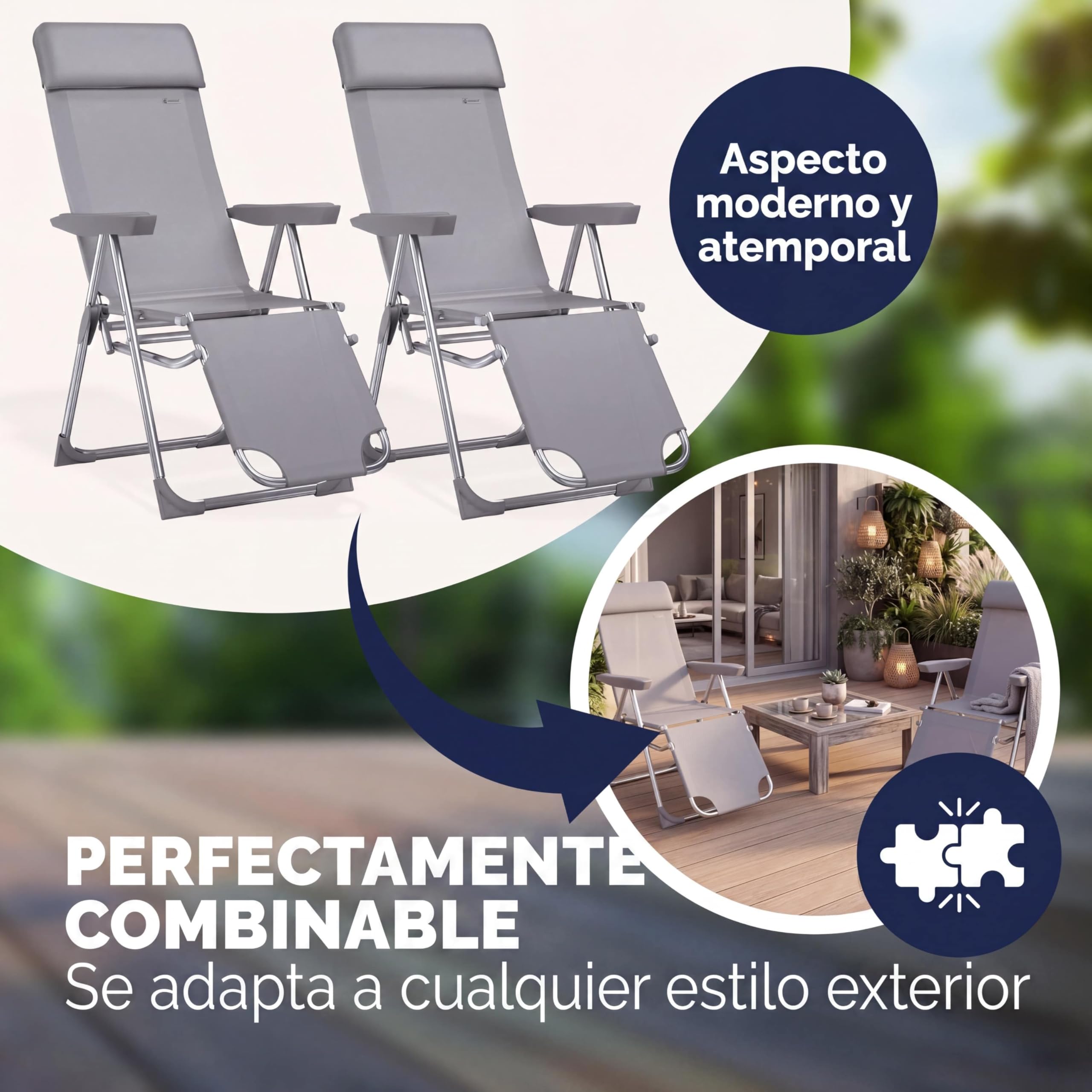 CASARIA® Sillas Gravedad Cero Plegables Set de 2 Reclinables Respaldo Alto Ajustable en 6 Posiciones Estructura Aluminio Exterior Jardín Balcón Playa Gris