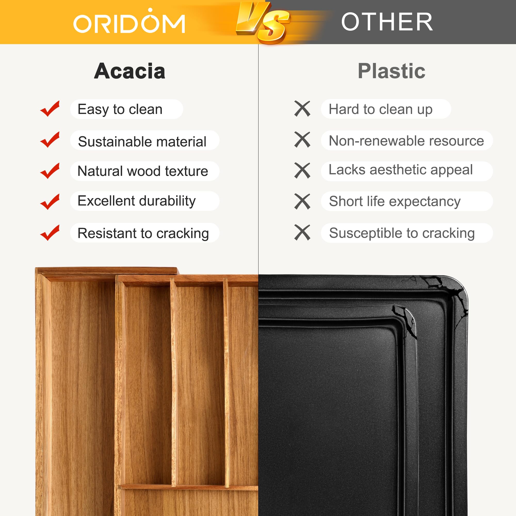 Großer Premium-Akazien-Besteck-Organizer – erweiterbarer Schubladen-Organizer und Utensilien-Organizer – 43,2 x 50 cm Besteckkasten mit Trennwänden für Küchenutensilien und Besteck (7–9 Fächer)
