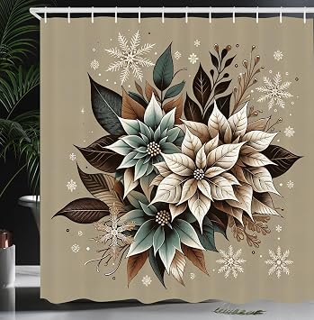 Lunarable Christmas Shower Curtain, Traditional Ornate Poinsettia Flowers and Snowflakes Xmas Vibe, Cloth Fabric Bathroom Decor Set with Hooks, 69" W x 70" L, Beige Brown and Laurel Green