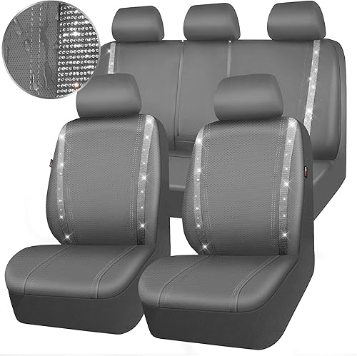 Miniatura 120 de CAR PASS Funda de asiento trasero de cuero y diamantes de imitación brillantes, impermeable, diseño de diamante brillante, ajuste universal, tiras
