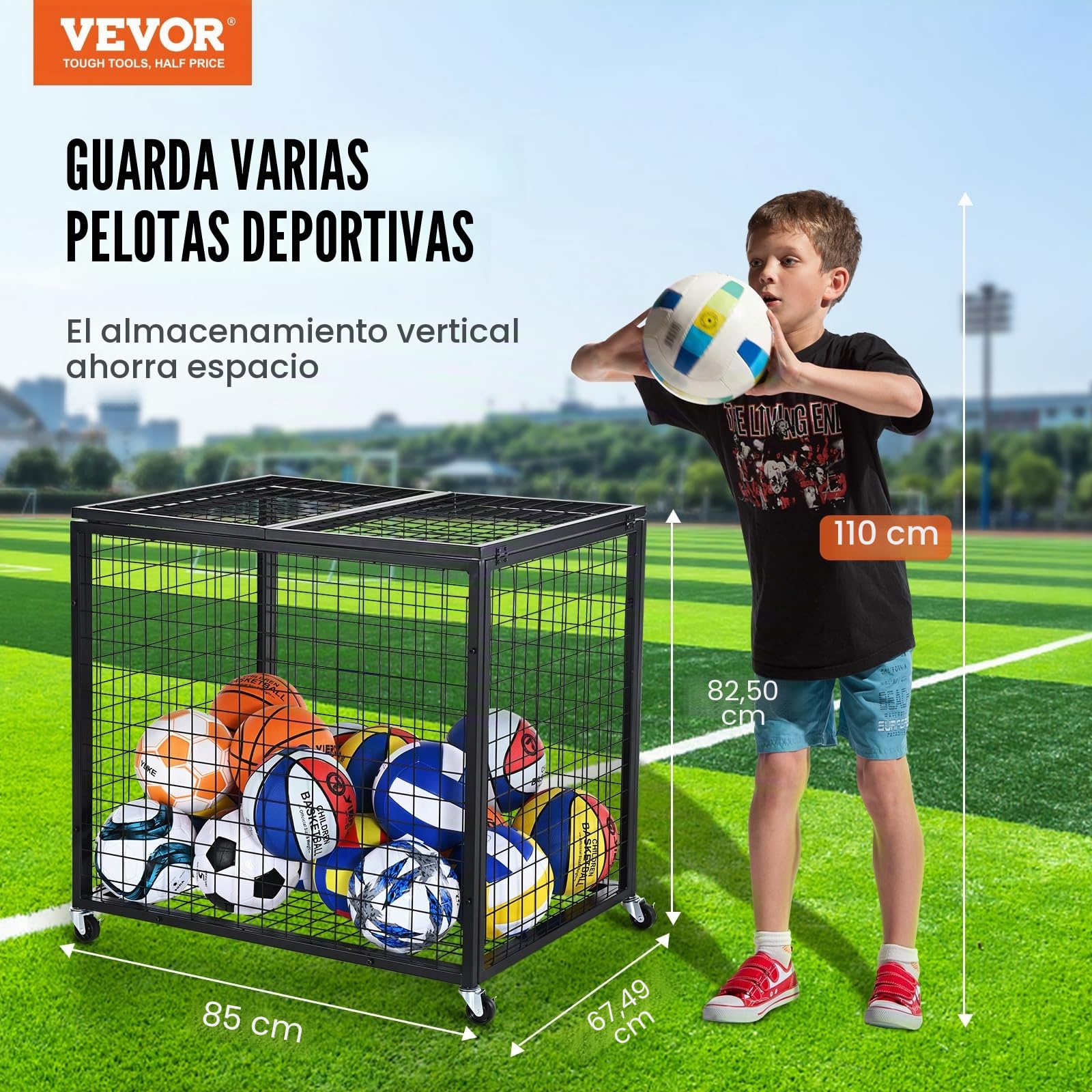 VEVOR Carro de Bolas con Cerradura 85x67,5x82,5 cm Jaula Móvil de Almacenamiento de Bolas con 4 Ruedas de Acero y Frenos Organizador para Equipo Deportivo Gimnasio Escuela Garaje Interior Exterior