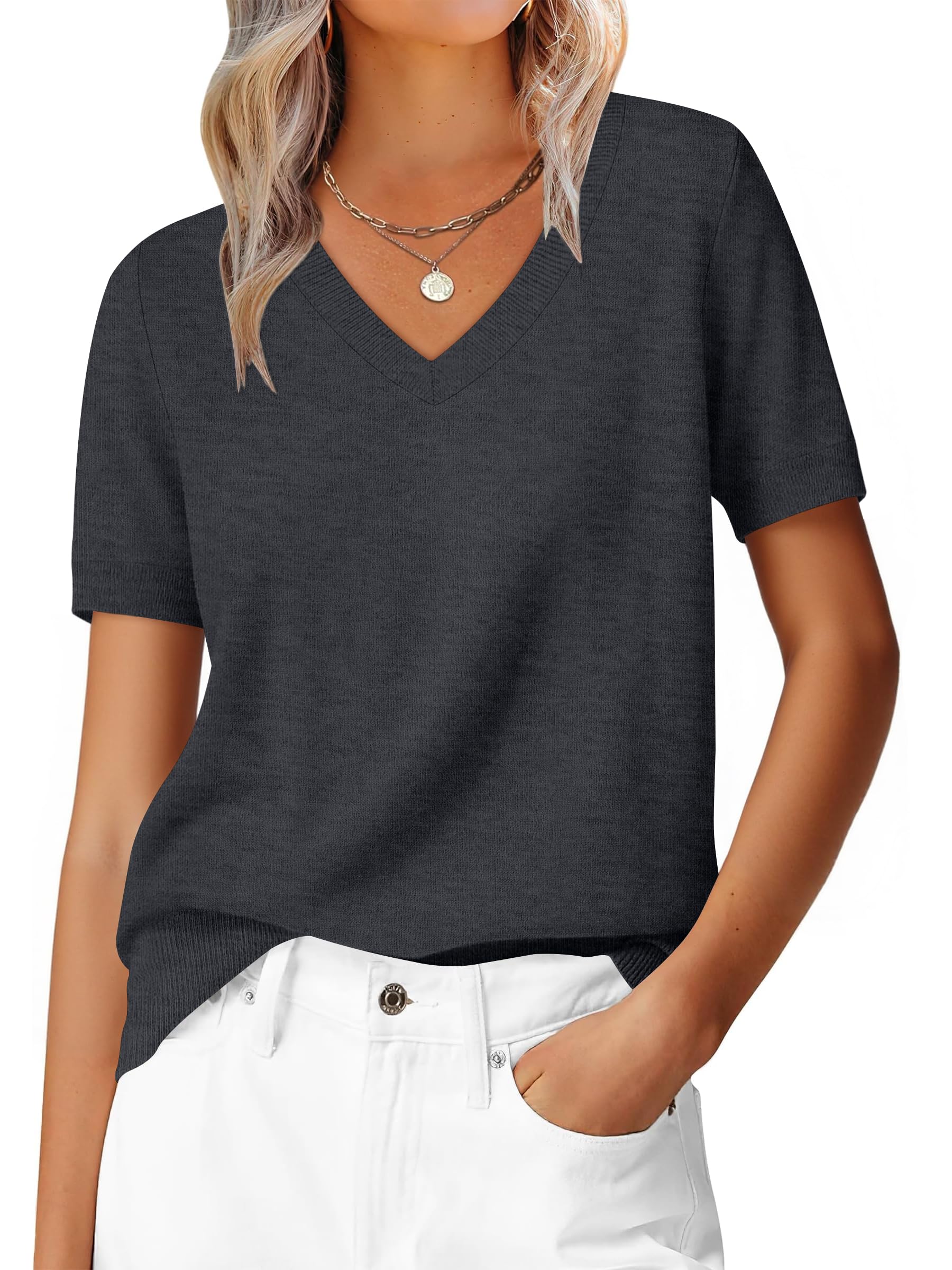 ANRABESS Womens 100 Wool Sweaters Short Sleeve V Neck Tops Business Casual Outfits 2026 Spring Summer Work Clothes