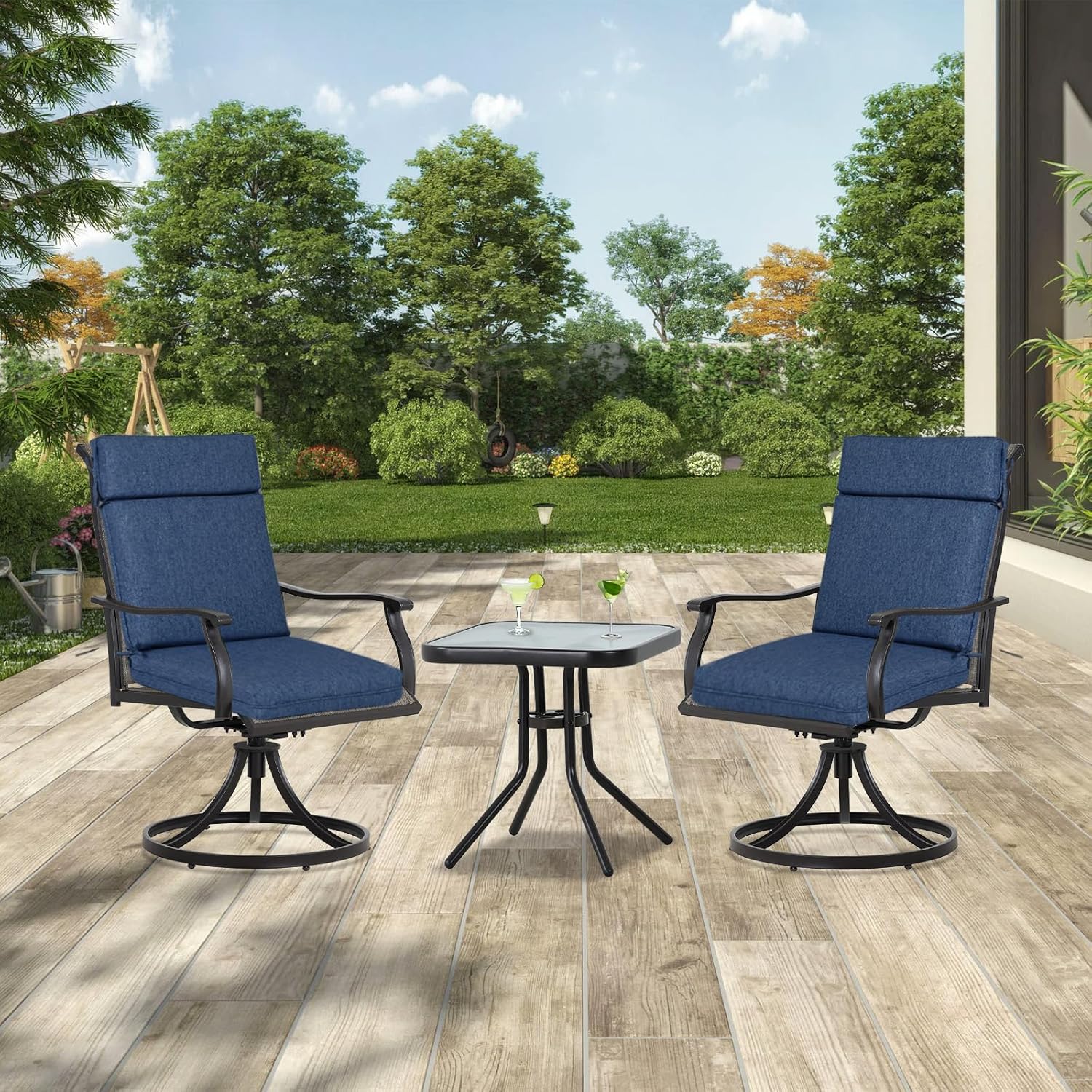 Aoodor 21" x 44" x 3.2" Polyester High Back Segmented Outdoor Chair Cushion, Water Resistant & Fade Resistant Removable Cover, Ties and Zipper for Patio Furniture, Set of 2, Navy Blue