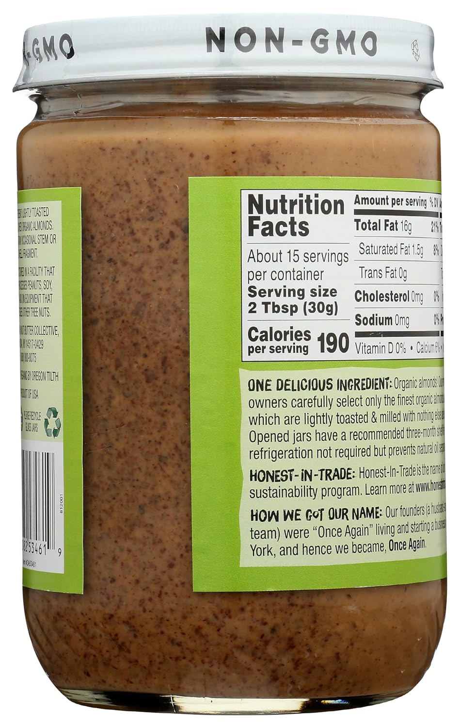 Once Again Creamy Organic Almond Butter No Sugar, Lightly Toasted - Single Ingredient Nut Butter, No Palm Oil, No Salt - Glass Jar, Non-GMO, Gluten Free, Vegan, 16 oz Glass Jar