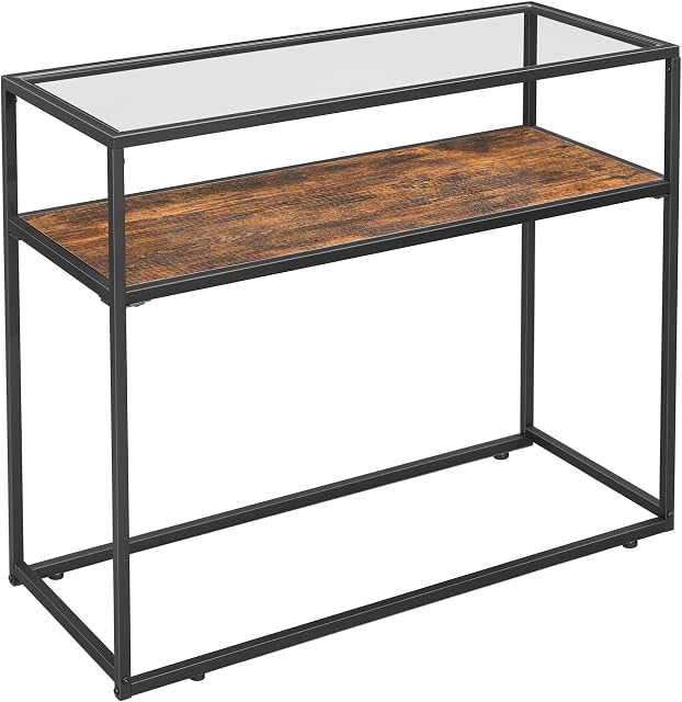 VASAGLE Console Table, Entrance Console, Tempered Glass Top, Robust Steel Frame, Easy Assembly, for Living Room Hallway, Industrial Style, Rustic Brown and Black LNT10BX