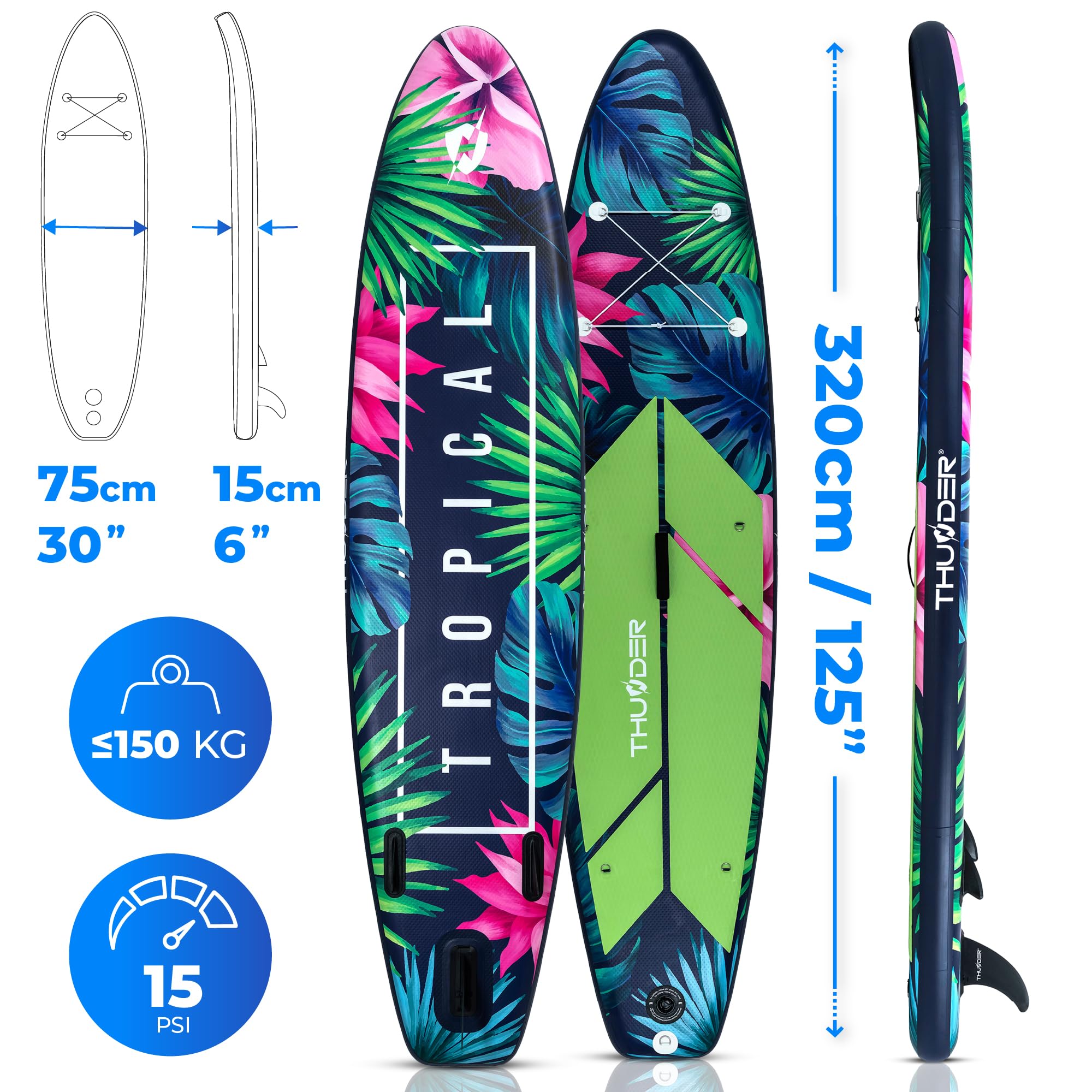 THUNDER Tabla de Sup Inflable de 320 cm con Asiento de Kayak – Set de Stand Up Paddle Board con Bomba, Remo y Mochila – Antideslizante para Adultos y Principiantes
