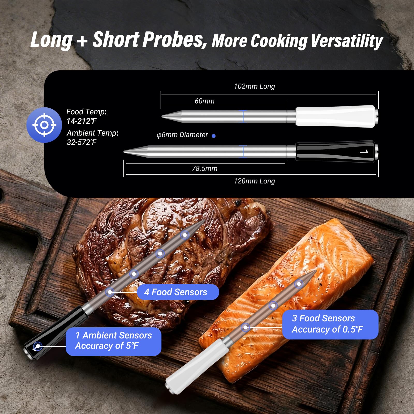 Termómetro inalámbrico para carne con WiFi 5G y Bluetooth 5.4, 3 sondas, 5 sensores, termómetro inteligente para carne con calibración en tiempo real AI, datos fuera de línea de 120 minutos