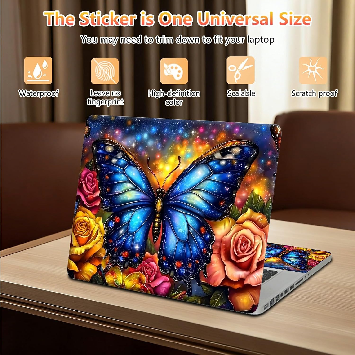 13 inch Laptop Sleeve with Laptop Skin Sticker Set – Waterproof Slim Laptop Case with Durable Smooth Zipper, Lightweight Computer Bag for MacBook Dell HP Lenovo, Rose Blue Butterfly image 5