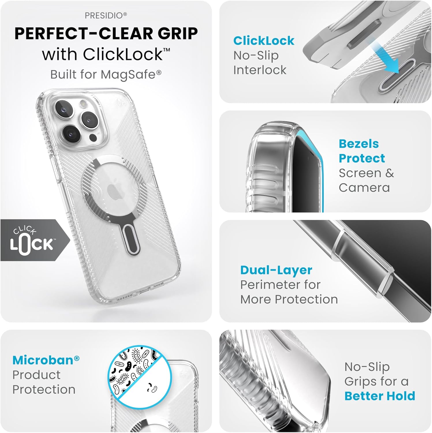 Speck Clear iPhone 15 Pro Max Case - ClickLock No-Slip Interlock, Built for MagSafe, Drop Protection Grip - Scratch Resistant, Anti-Yellowing, 6.7 Inch Phone Case - Presidio Grip Clear/Chrome