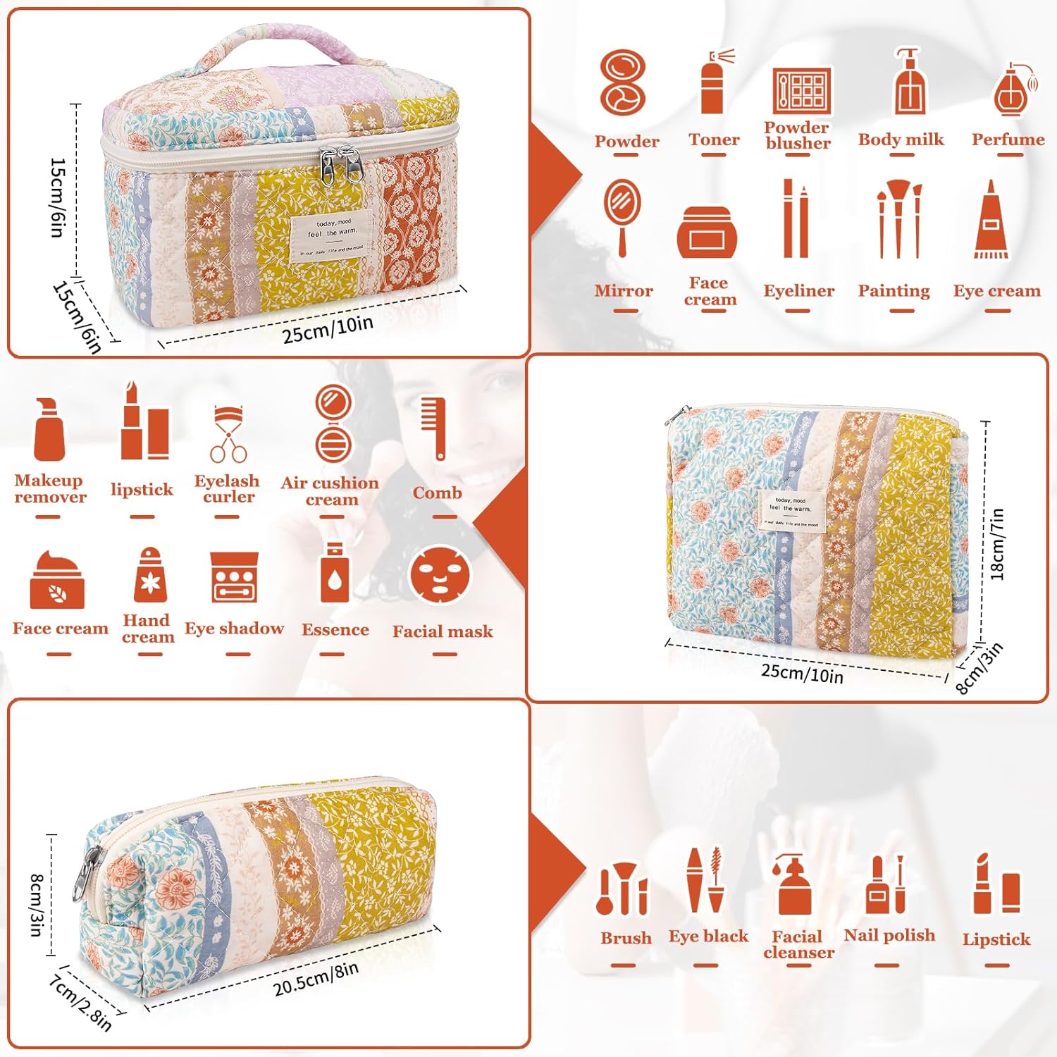 Quilted Makeup Bag Set, Large Floral Cosmetic Bag for Women, Cute Cotton Makeup Bag, Flower Travel Toiletry Organizer Bag(Color-Coded Floral) - Image 2