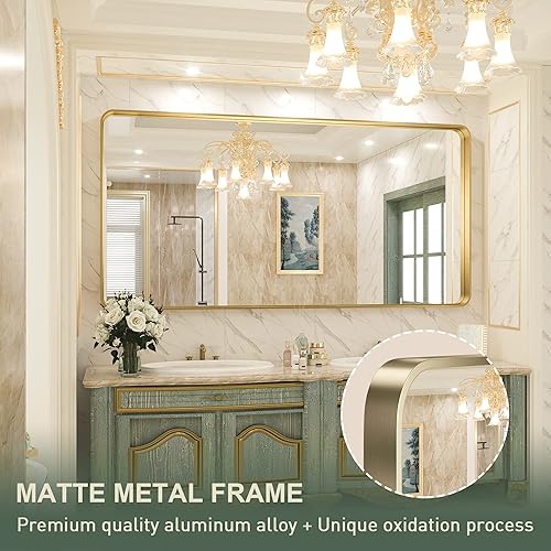 Miniatura 4 de TokeShimi Espejo de tocador de baño dorado de 72 x 36 pulgadas para pared, espejo rectangular con aleación de aluminio no oxidante, marco de metal