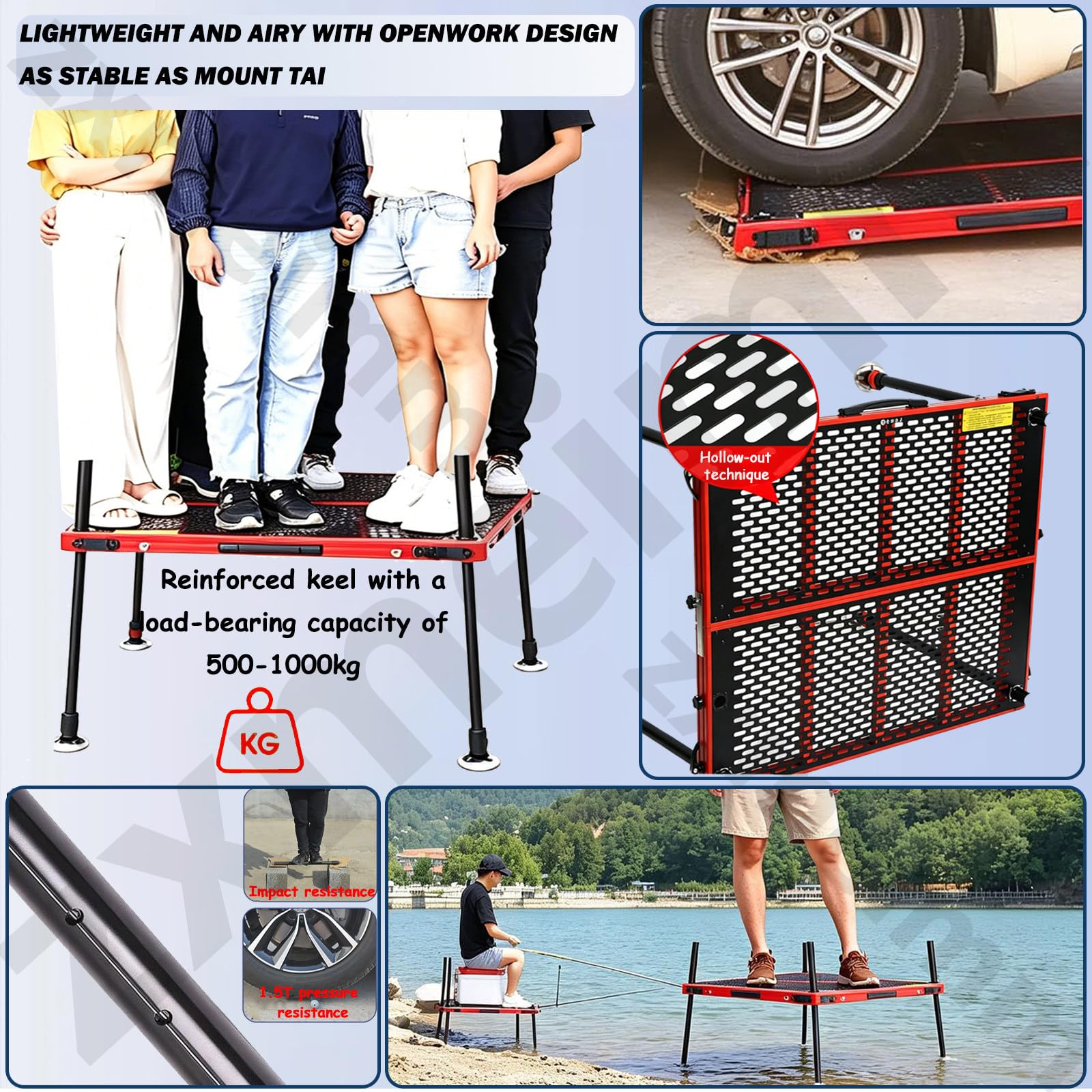 Piattaforma da pesca portatile con foro per ombrello, ponte leggero per fiumi e laghi, 90 x 100 cm, gambe da 1,1 m, ideale per attività all'aperto