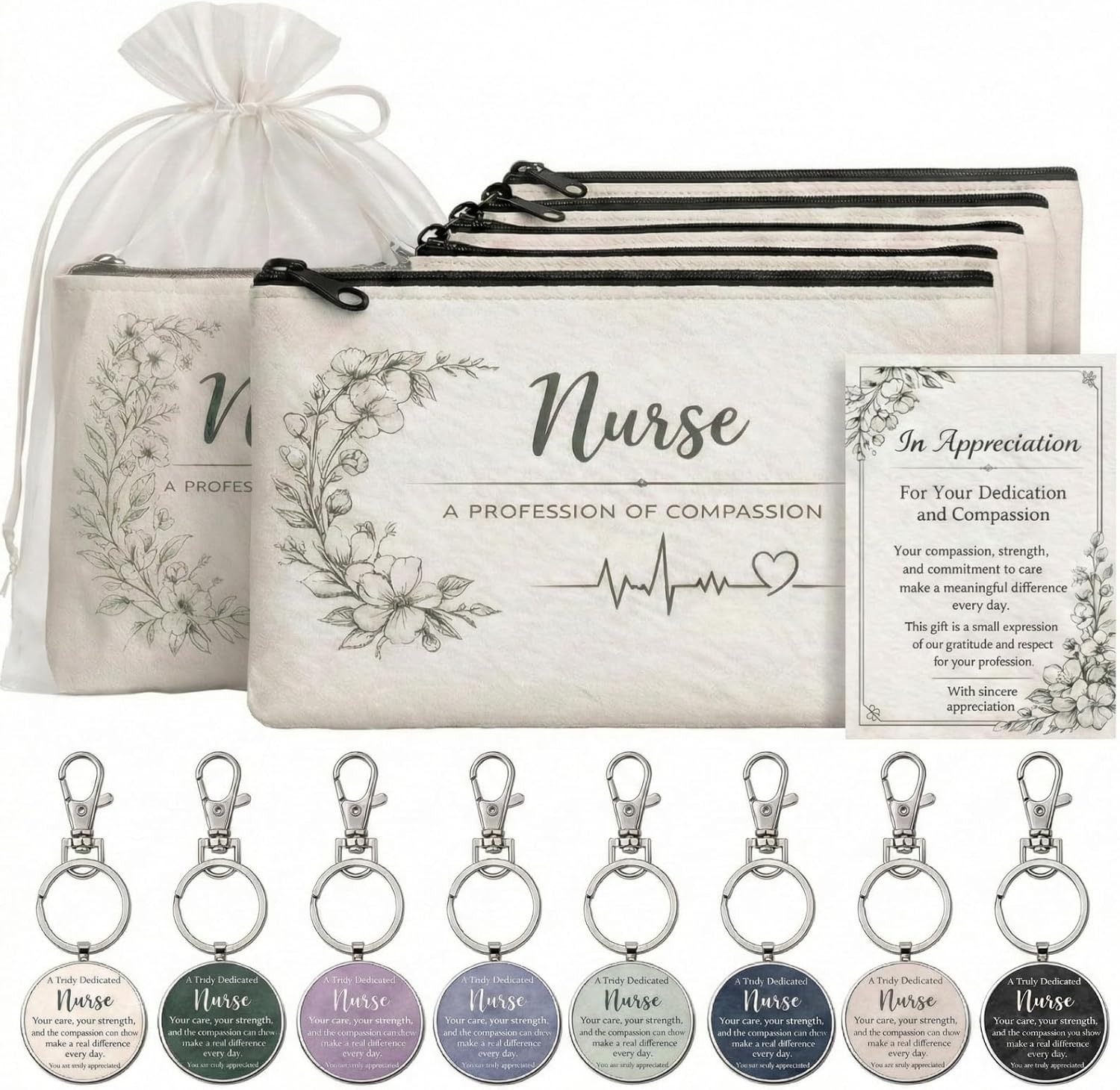 24 Sets Nurse Gifts Bulk, CNA Week Gifts Bulk 2026 with Makeup Bag, Thank You Keychain, Appreciation Card & Organza Bag, Nurses Week Gifts for CNA, Nursing Students, Coworkers, Nurse Week Party Favors