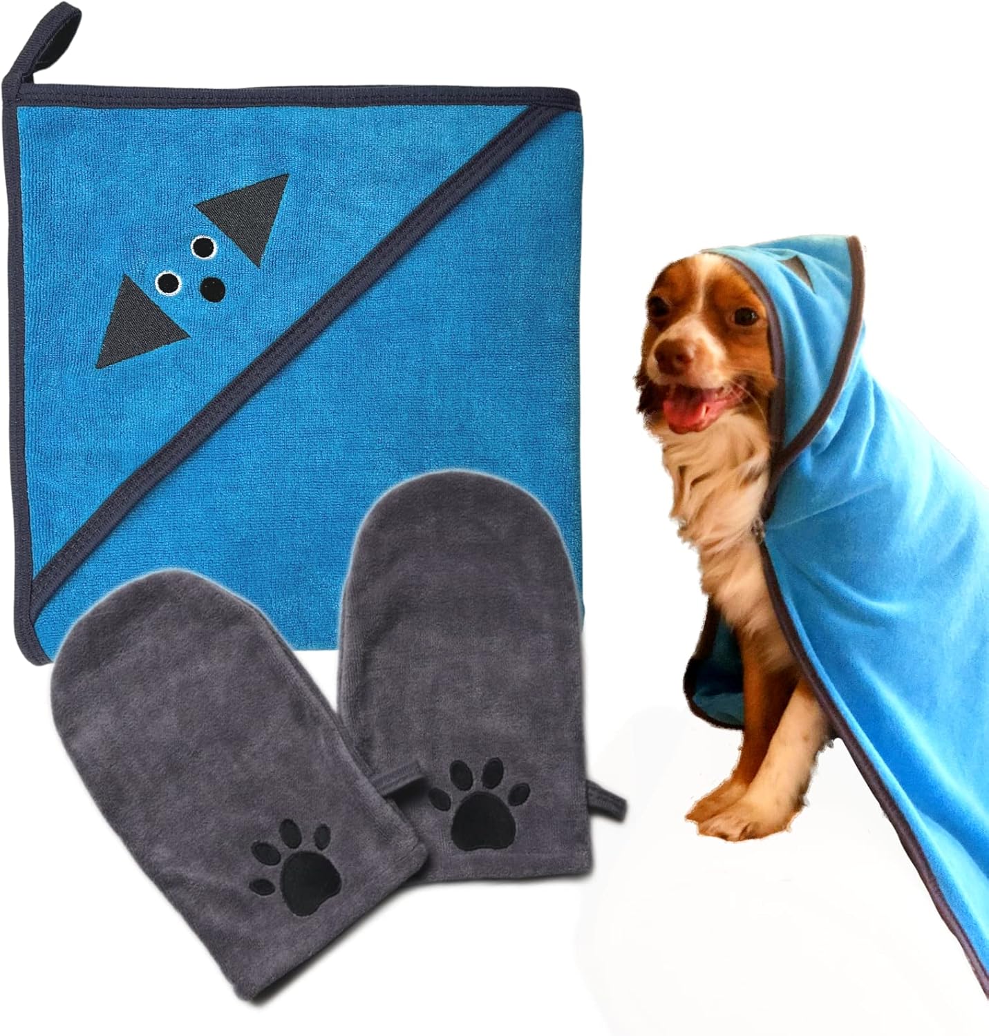 Penny & Niko Multi Purpose Microfiber Pet Towel and Mitt Set – Cat, Dog Drying Towel/Hooded Robe and Paw Cleaning Gloves – 30×30 inches – Blue Towel/Gray Mitt Set
