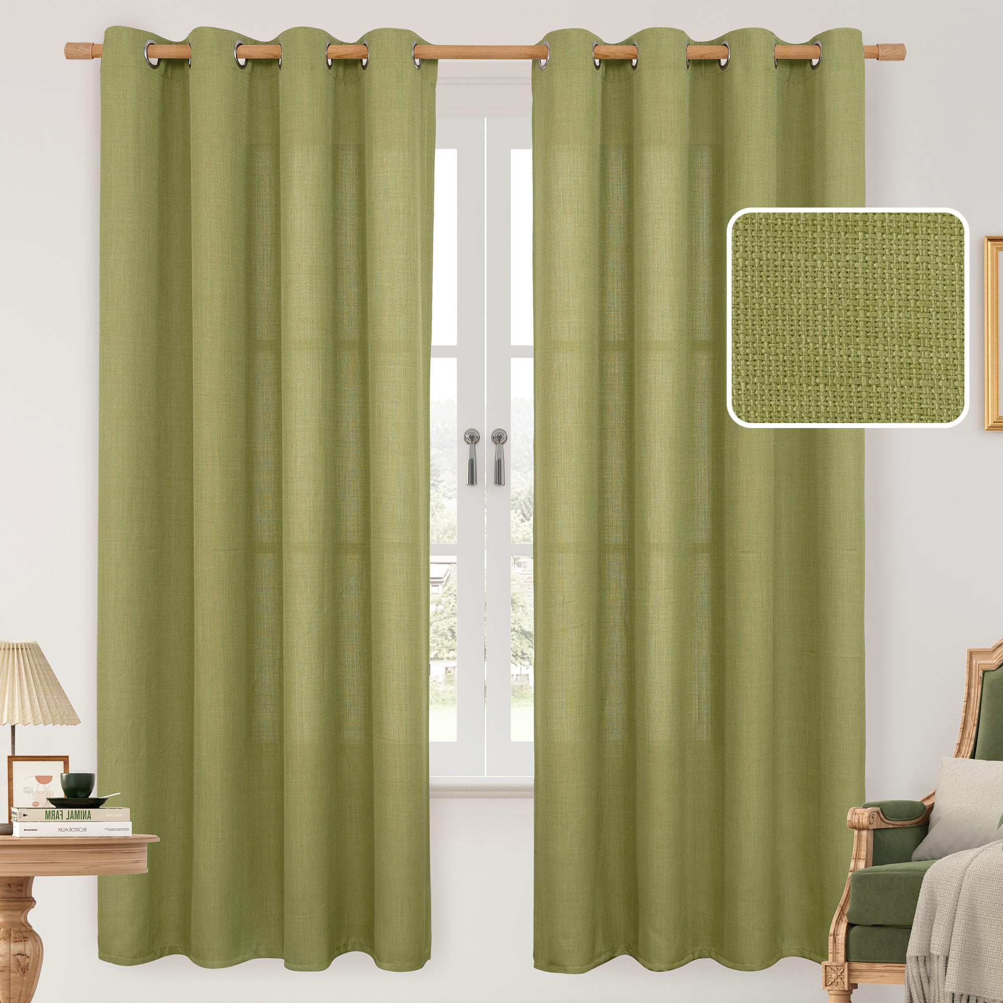 LAMIT Moss Green Linen Curtains 72 inches Long for Bedroom 2 Panels