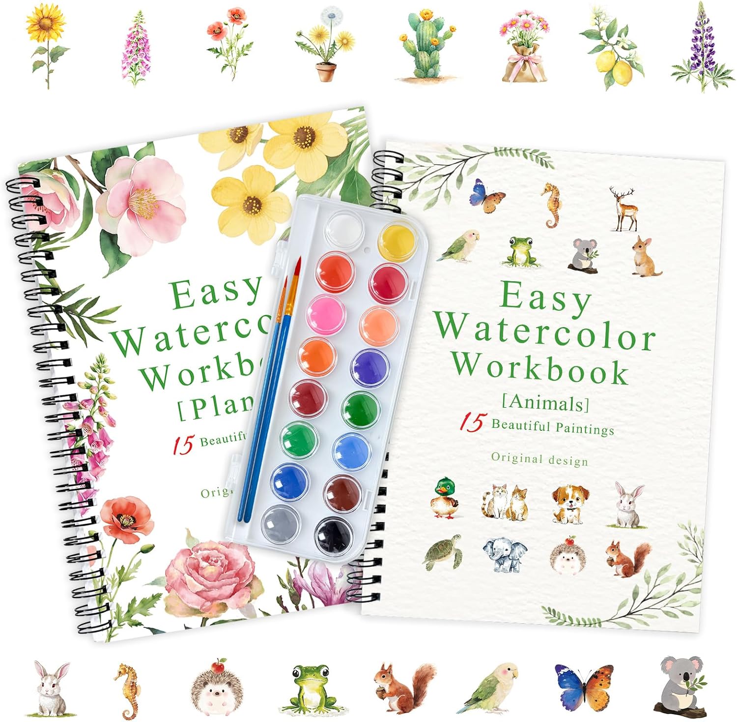 Watercolor Workbooks Set, 2 Books Different Themes Exquisite Workbook with Detailed Steps, 16 Colors of Palette and 2 Wooden Soft Brushes，Beginner-Friendly Watercolor Workbooks, Plants&Animals