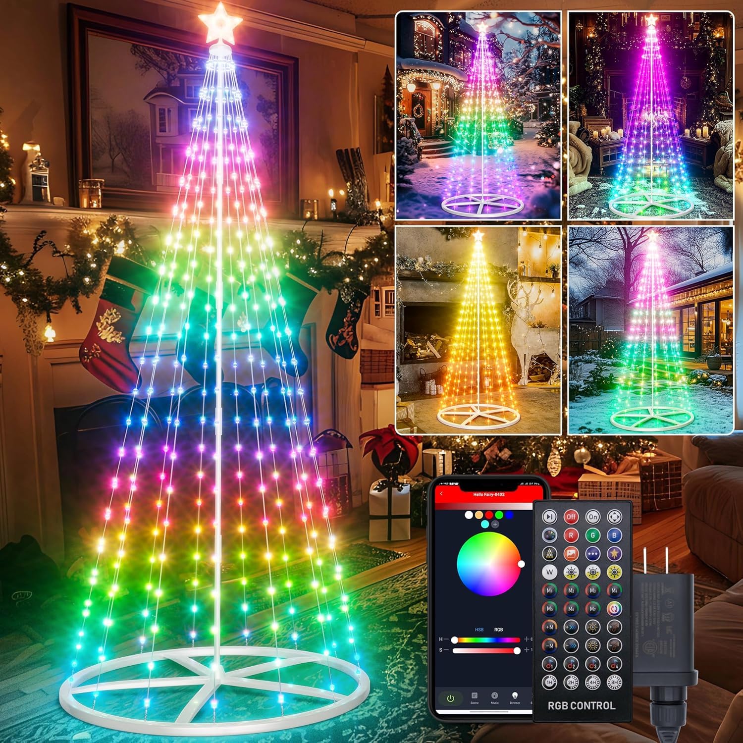 7Ft Lighted Christmas Tree Outdoor, Smart LED Christmas Cone Tree Light, DIY 16 Mil Colors Changing, Music Sync, App & Remote Control, Outdoor Indoor Decoration for Patio, Beach, Pool, Cruise Party