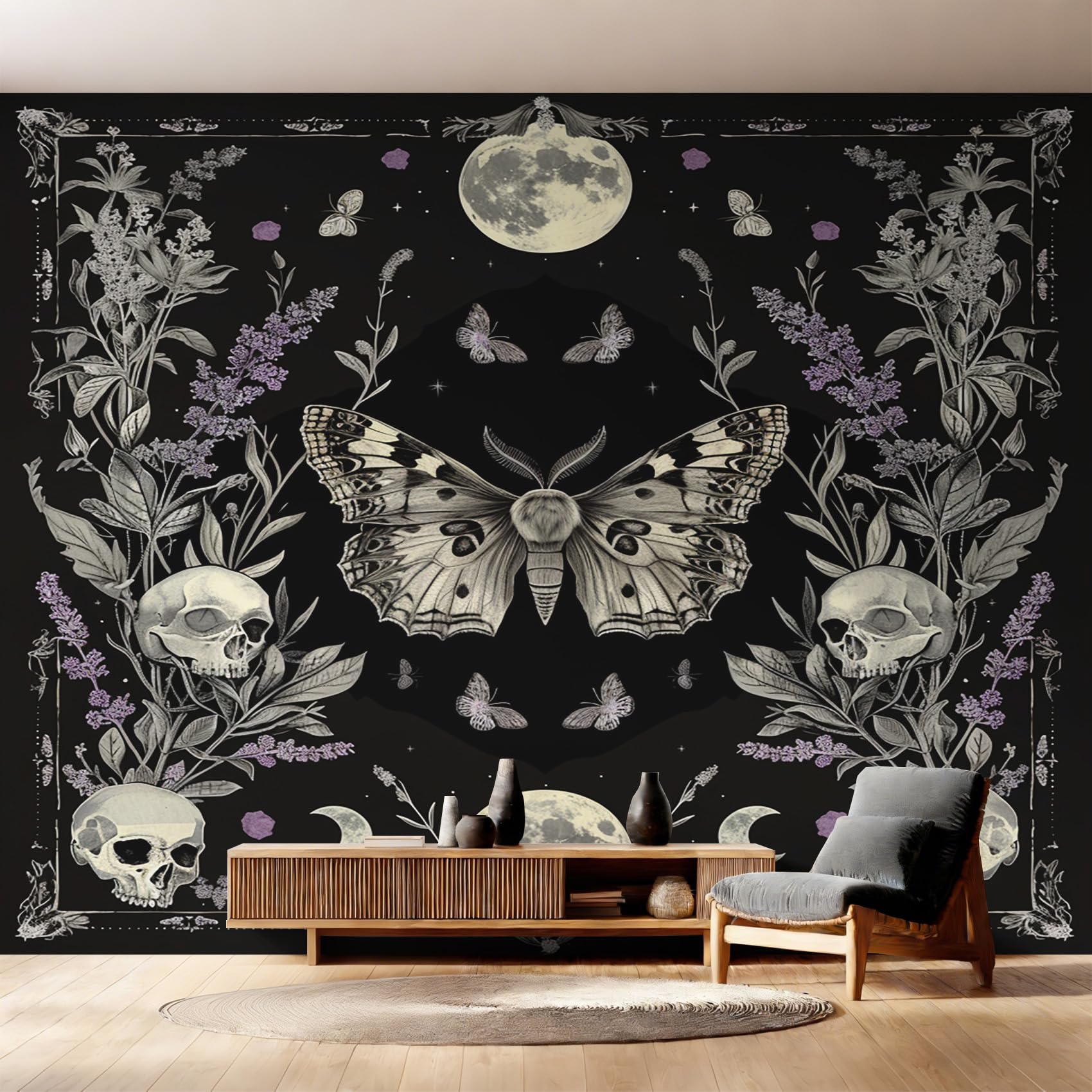 Papier Peint Mite Gothique Intissé Crâne Lune Lavande Fresque Murale 375x250cm