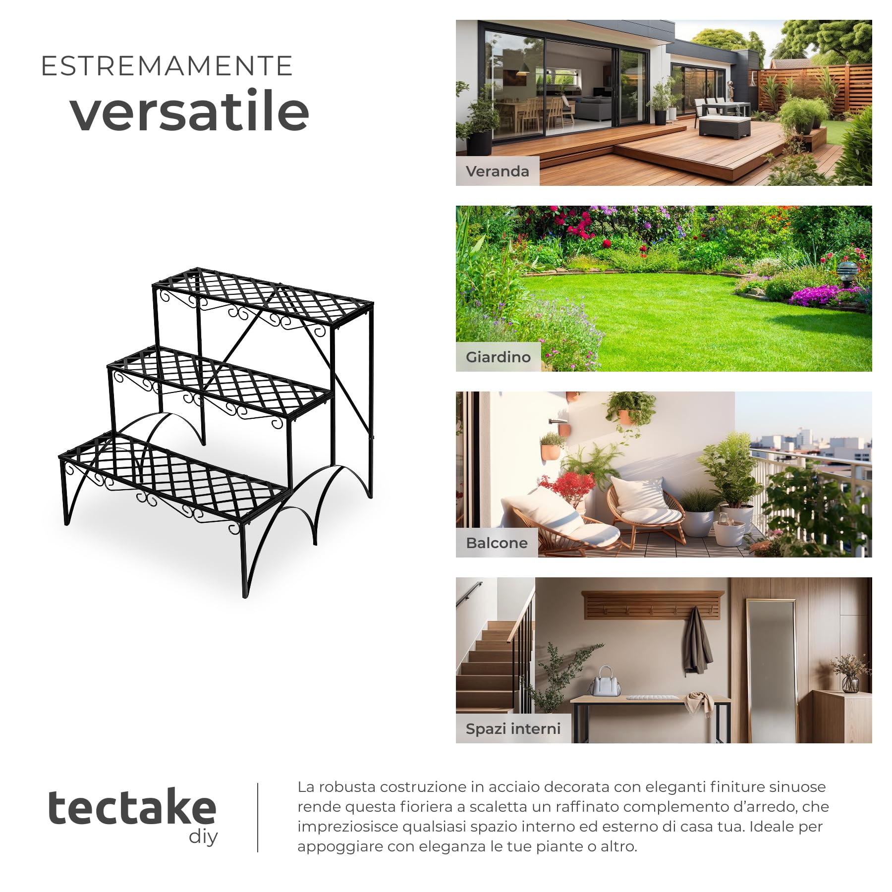 tectake® Fioriera Portavasi, Scala a 3 Gradini, Supporto per Piante, Struttura in Ferro, Decorativa da Esterno, Arredamento Balcone, 60x60x60 cm, Portata 30 kg