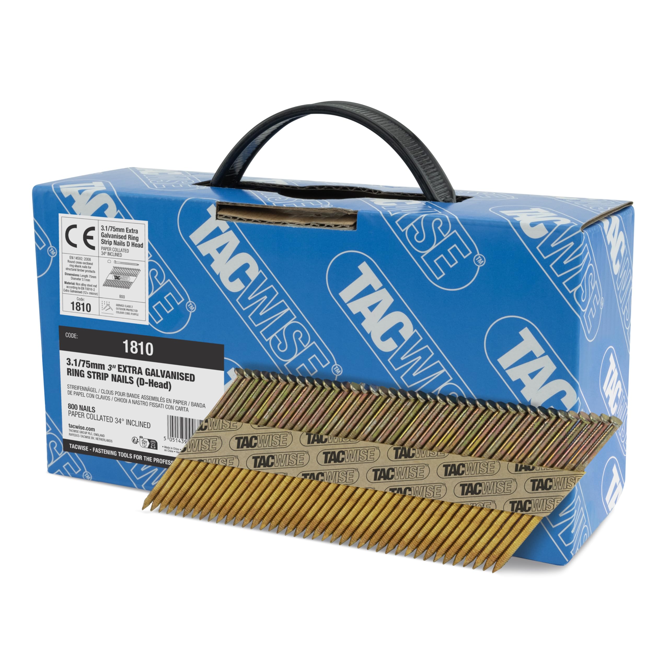 Tacwise 1810 Extra Galvanised Framing Nails 3.1/75 mm, D Head, Ring Shank, 34° Inclined, Paper Collated, Pack of 800