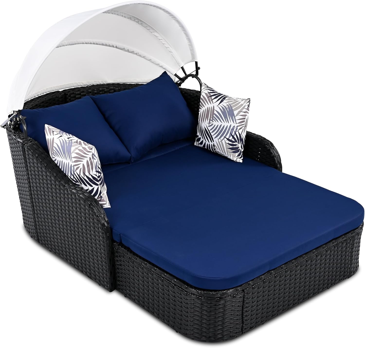 LUMISOL Outdoor Daybed with Retractable Canopy, PE Rattan Sunbed with Cushions, Double Lounge for Patio, Garden, Poolside, Black Wicker and Blue Cushion