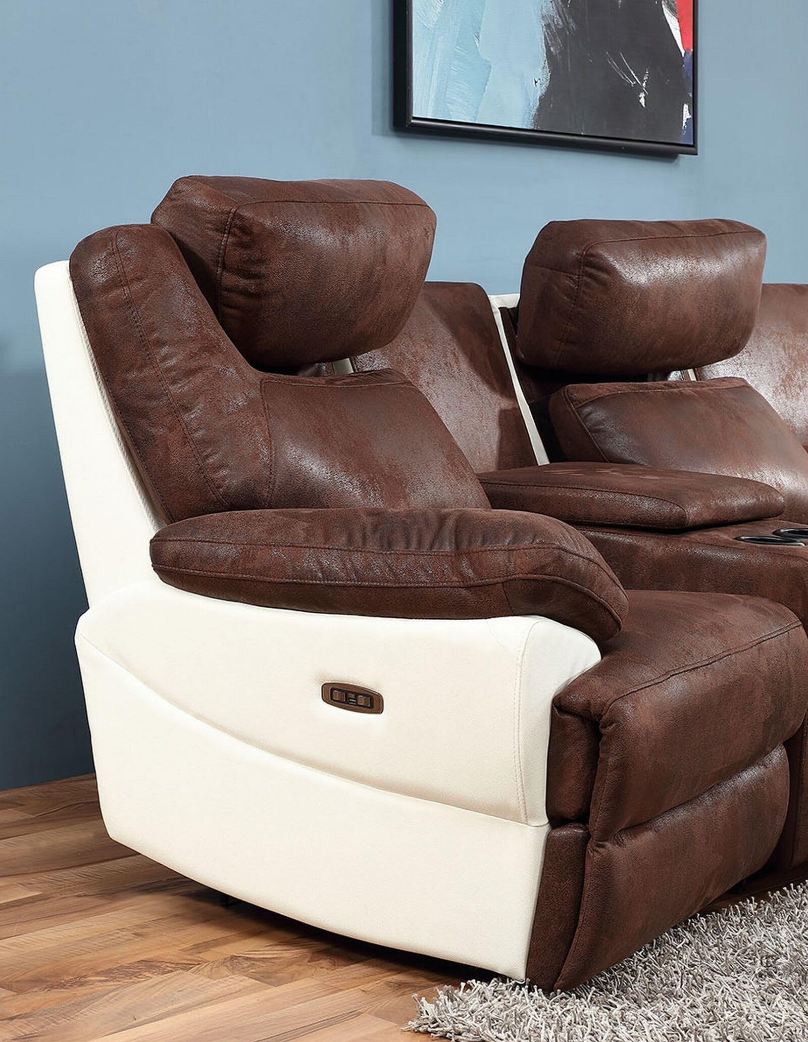 MAPO 3581 3-Sitzer Kinosofa elektrisch verstellbar | Heimkino Relaxsofa aus Mikrofaser mit Cupholder | Rückenlehne, Fuß- & Kopfstütze | Braun-Weiß