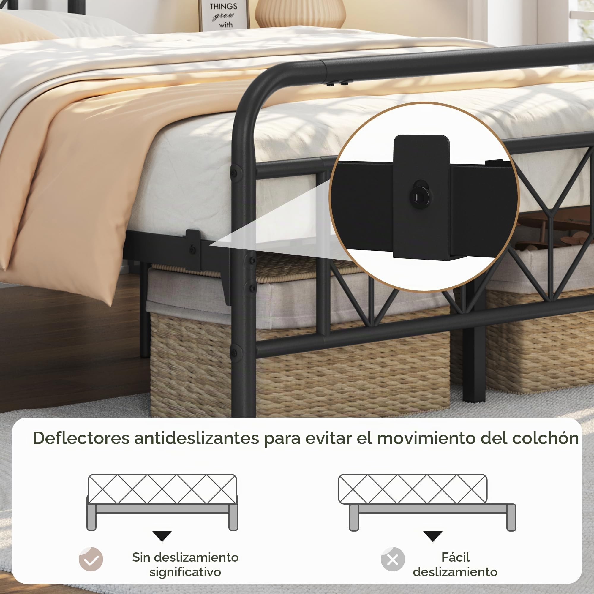 Yaheetech Marco de Cama Doble Matrimonial Adecuado para Colchón de 140x200 cm Estructura Metálica de Cama con Espacio Almacenamiento Estilo Moderno Industrial Negro